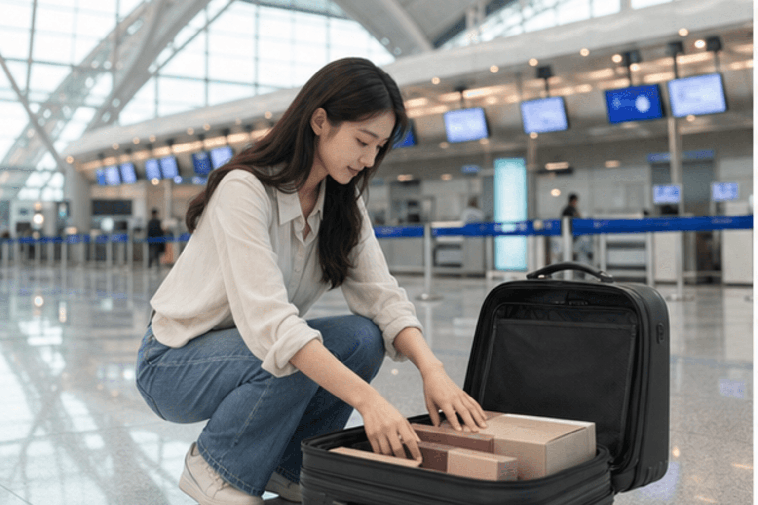Traveler keeps boxed purchases accessible before airport check-in