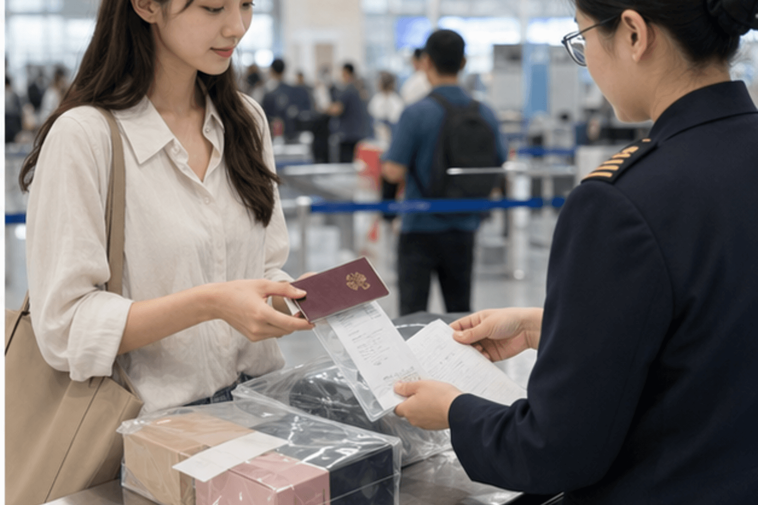 Traveler organizes passport, receipts and goods at an airport service counter