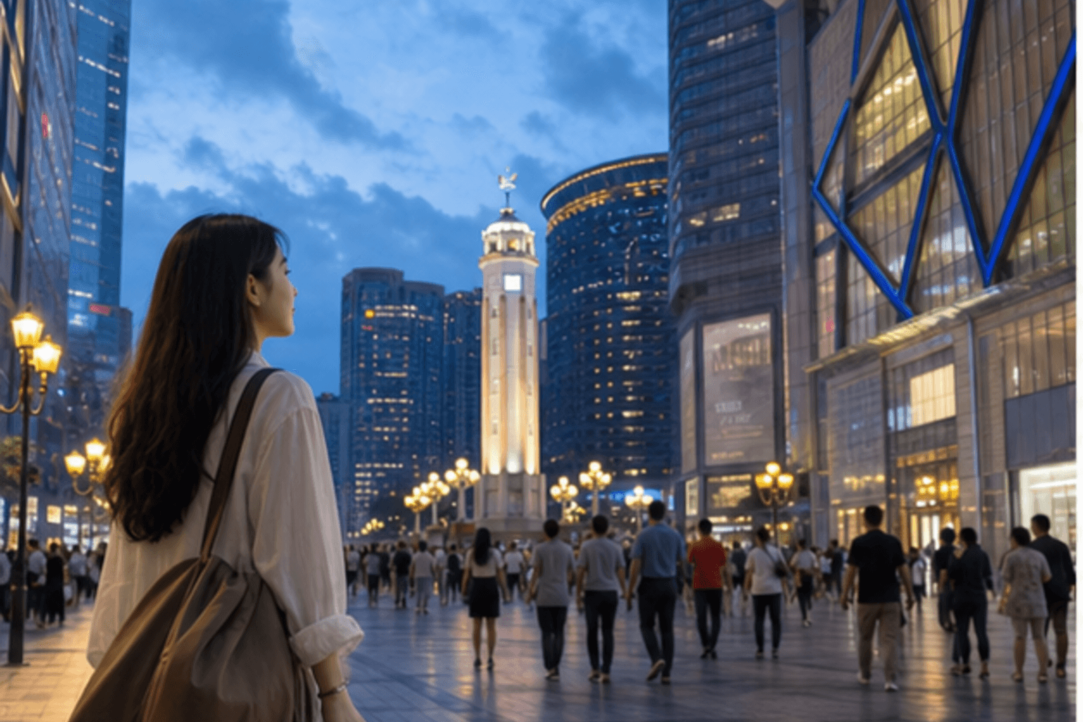 Traveler carrying shopping bags in Jiefangbei at blue hour