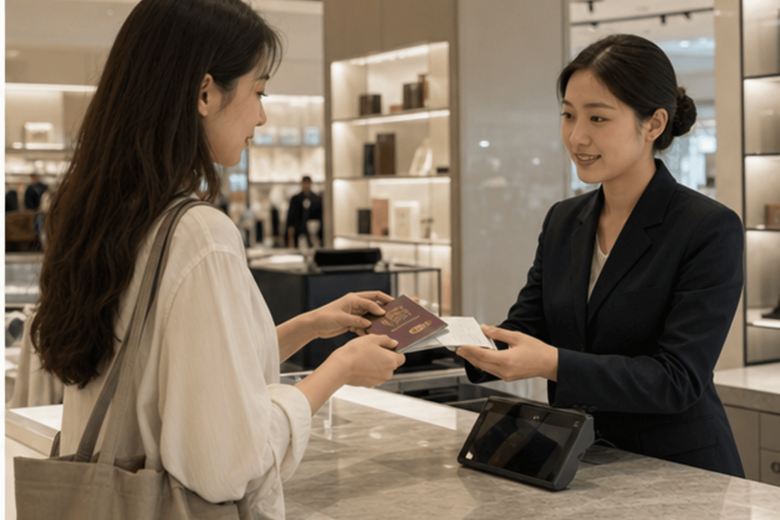 Traveler presents passport and receipt at a Chongqing store counter