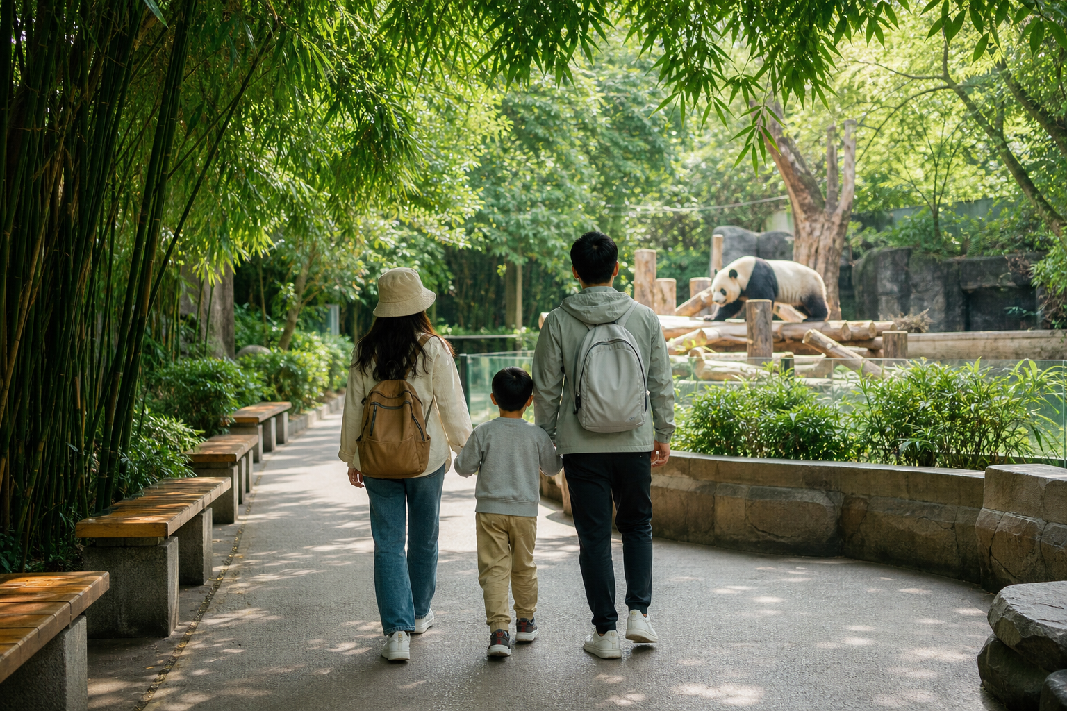 Gia đình đi trên lối rợp bóng ở Chongqing Zoo hướng về khu xem gấu trúc