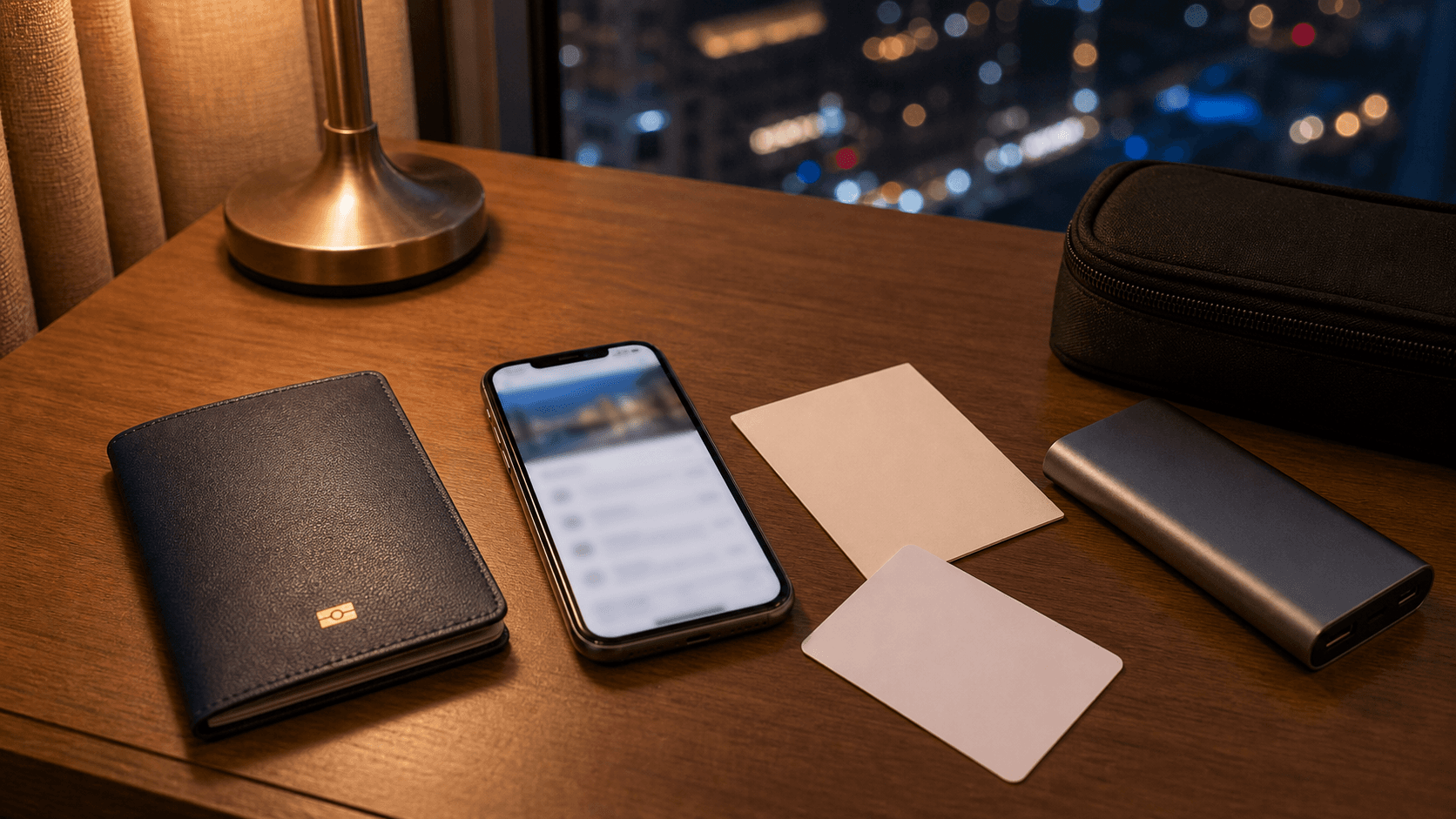 Passport, phone booking screen, room key card, and power bank prepared for hotel check-in