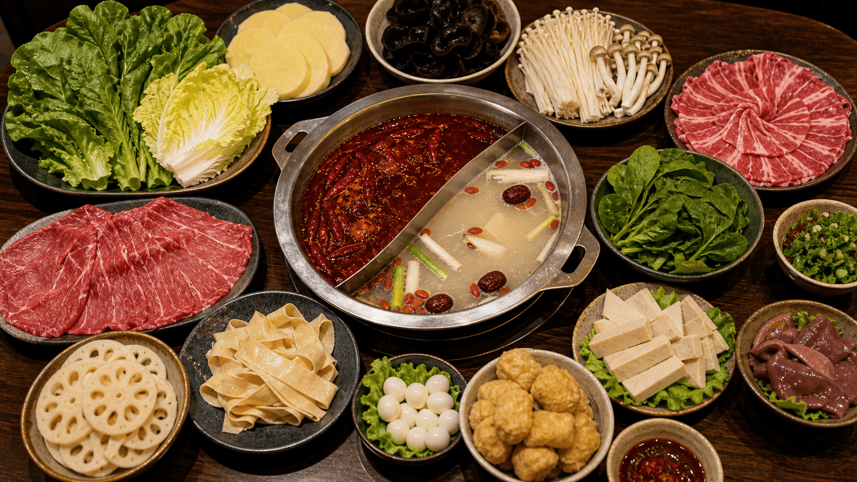 Beginner-friendly Chongqing hotpot ingredients spread