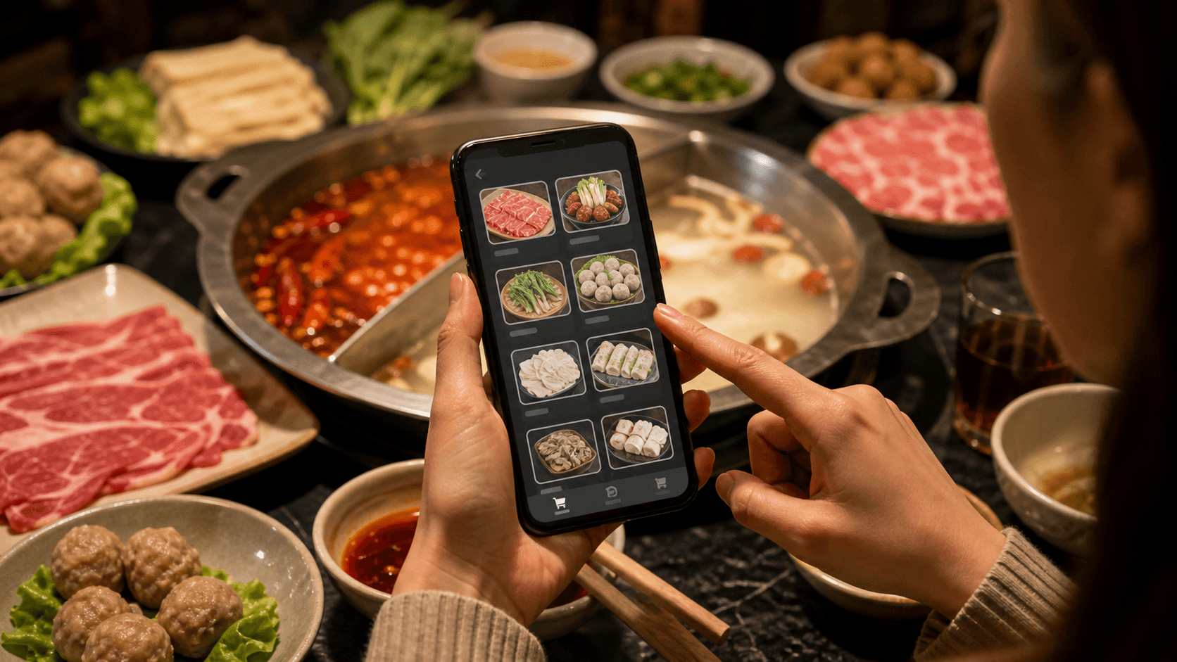 QR ordering moment at a Chongqing hotpot table