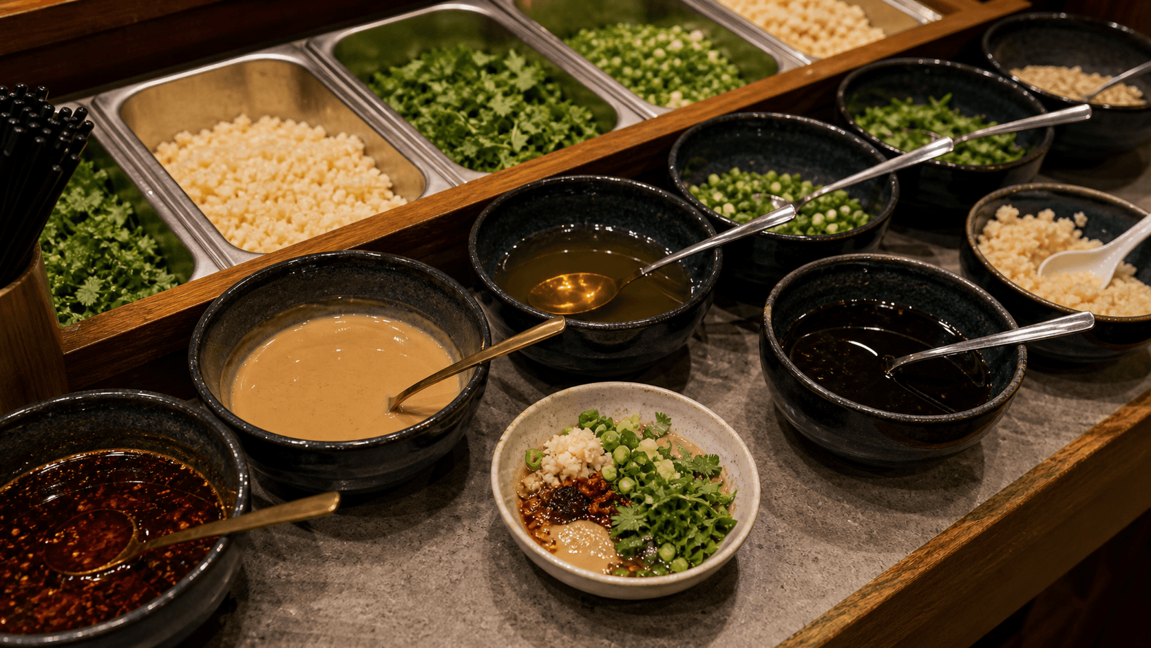 Chongqing hotpot sauce station with sesame oil and aromatics
