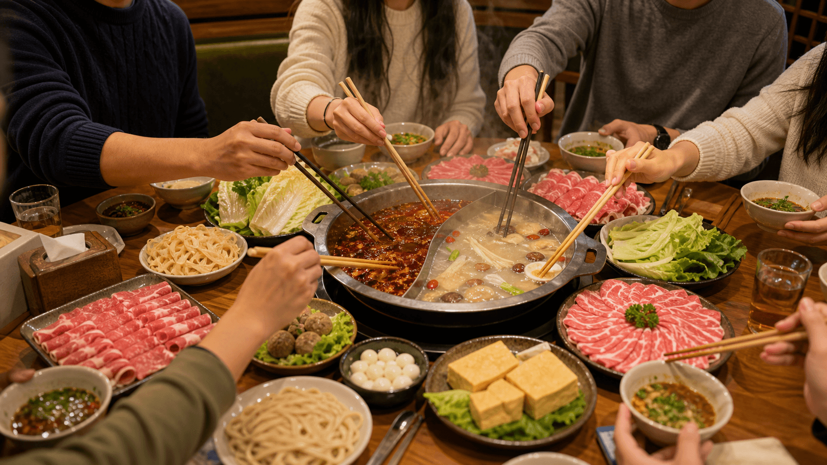 Shared Chongqing hotpot table with serving chopsticks and ingredients