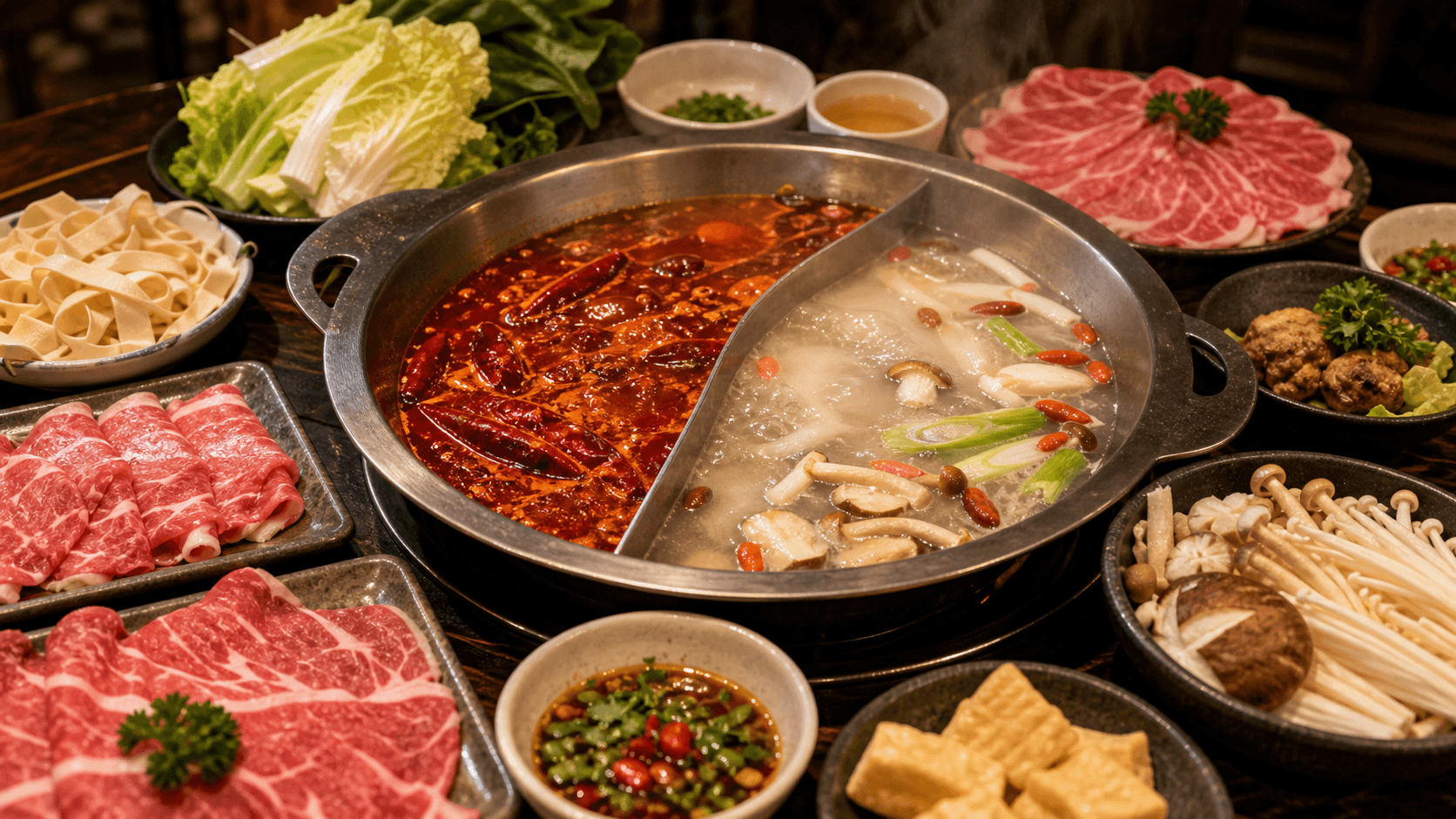 Chongqing hotpot split pot table with red broth and mild broth