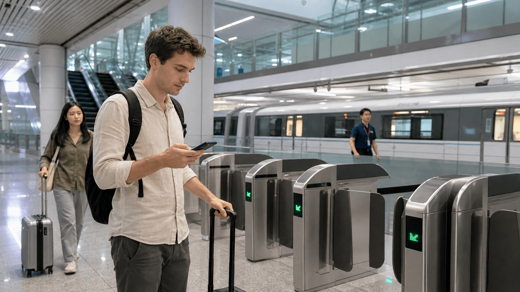 Foreign visitor with luggage entering a Chongqing airport rail-transit concourse