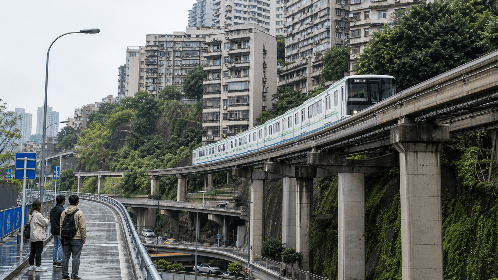 Elevated Chongqing Line 2 style monorail passing through hillside residential blocks