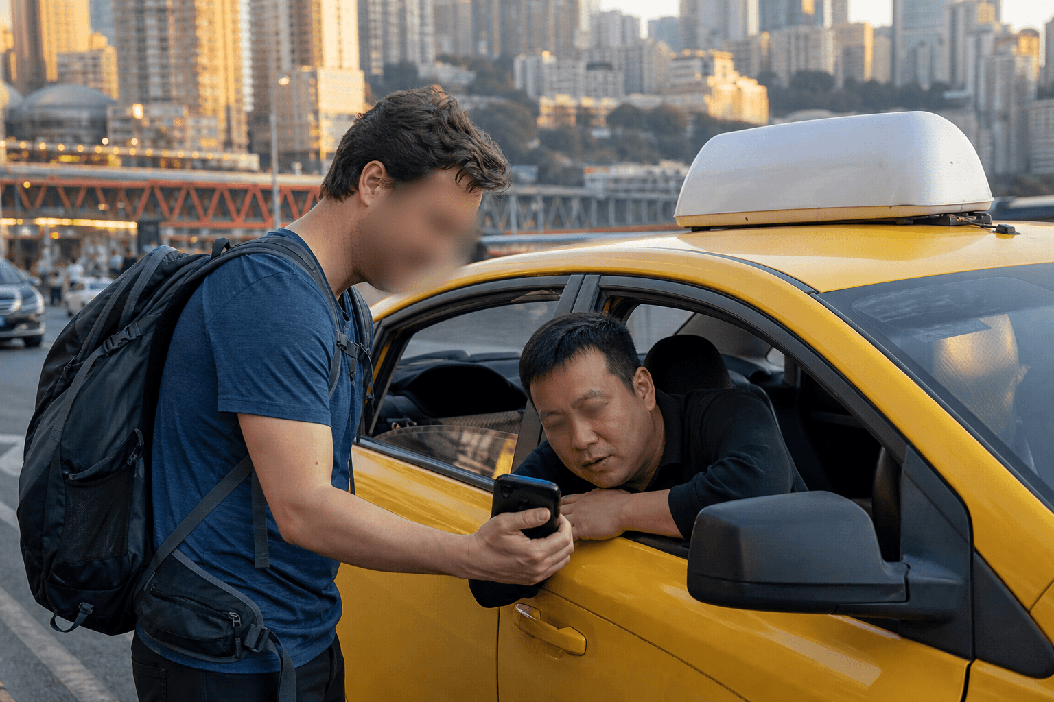Traveler showing Chinese address and payment confirmation beside a taxi