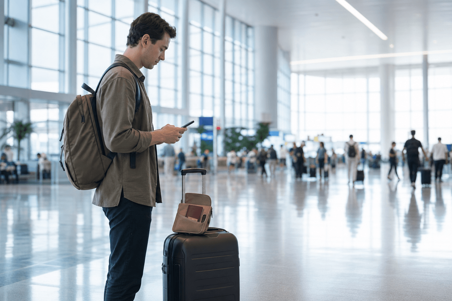 Foreign traveler checking mobile internet setup at a bright Chongqing airport arrivals hall