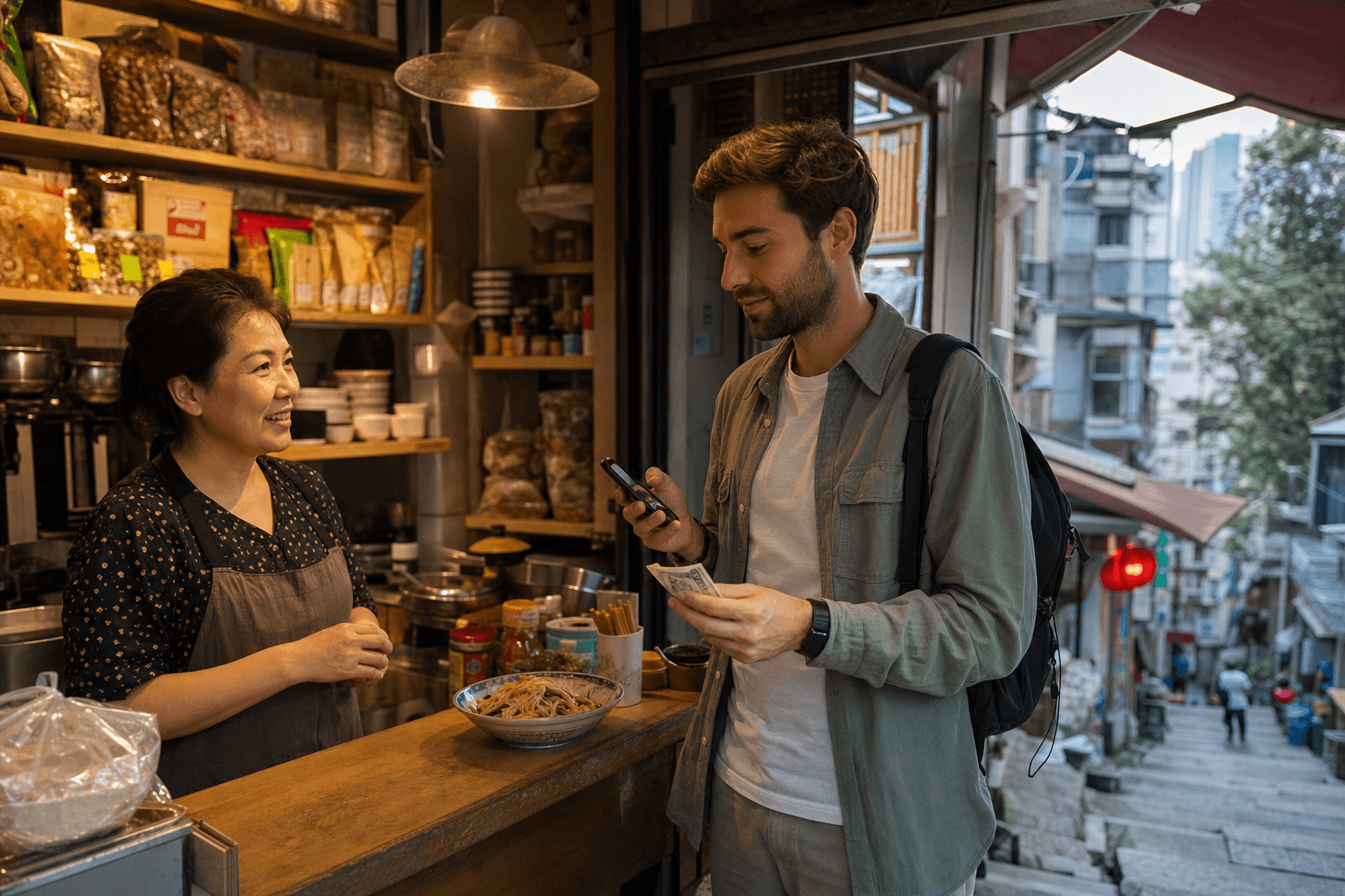 Foreign visitor holding phone and small cash backup at a Chongqing neighborhood shop