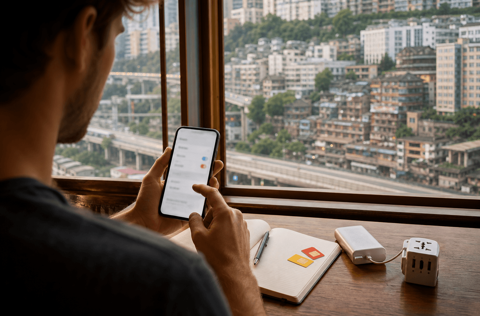 Traveler checking blurred dual SIM mobile data settings above a layered Chongqing hillside street