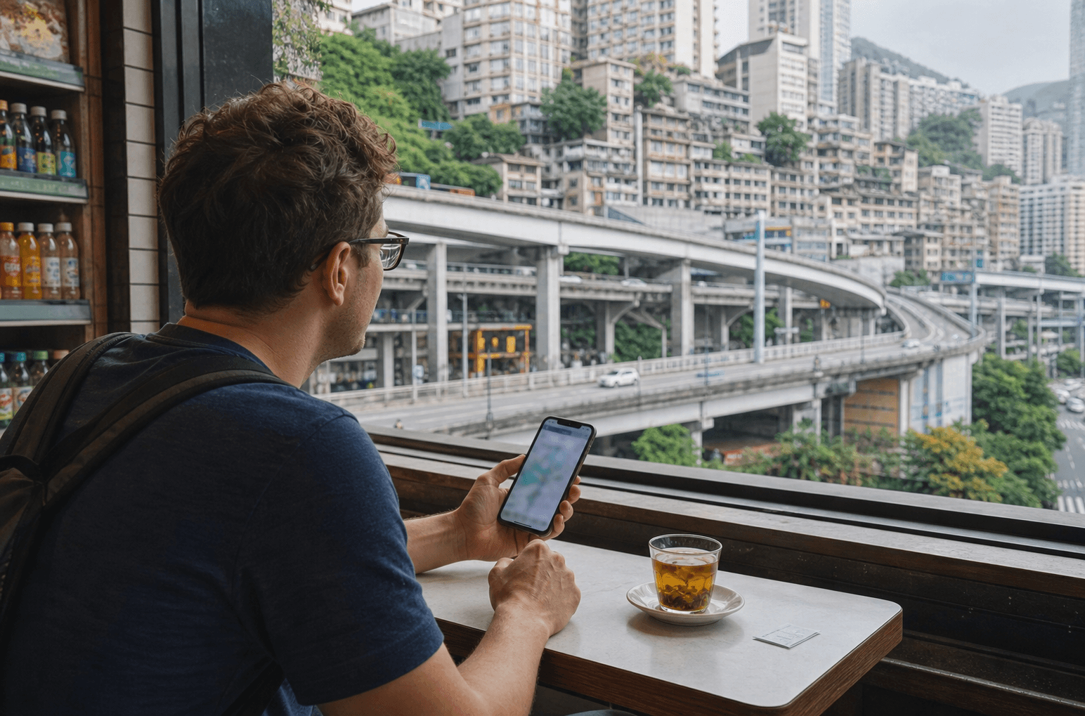 Traveler testing map payment and ride apps at a Chongqing cafe with elevated roads outside