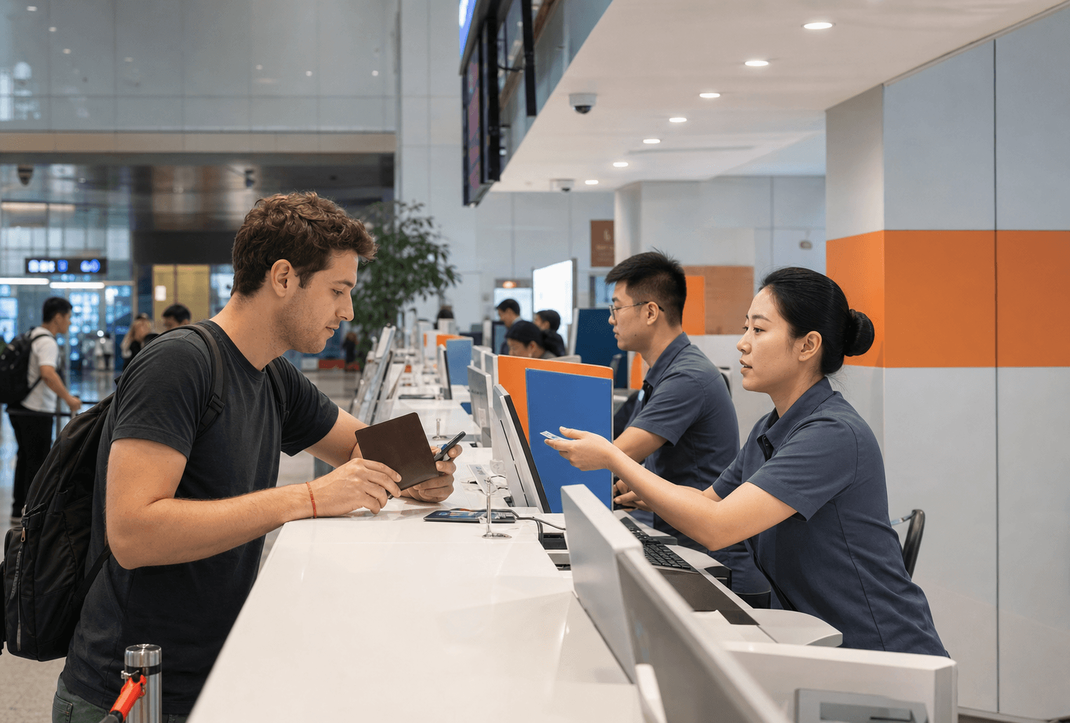 Foreign visitor using passport at a neutral mobile-service counter for SIM registration