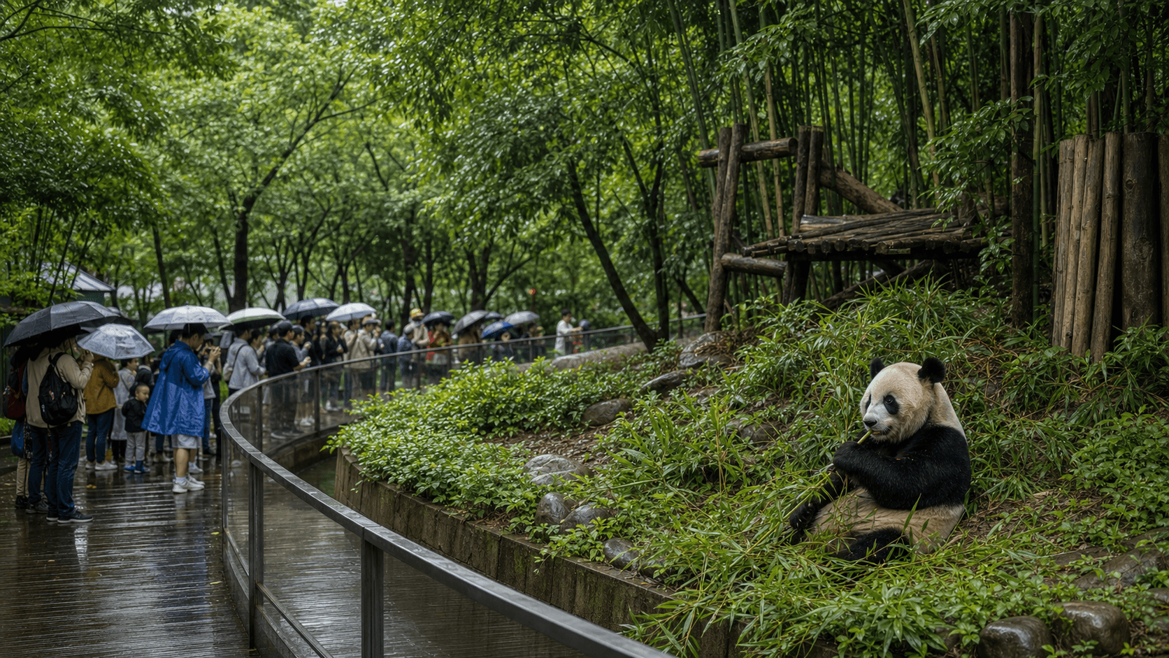 Gấu trúc trong khu tre xanh của Chongqing Zoo sau mưa, khách xem từ khoảng cách an toàn