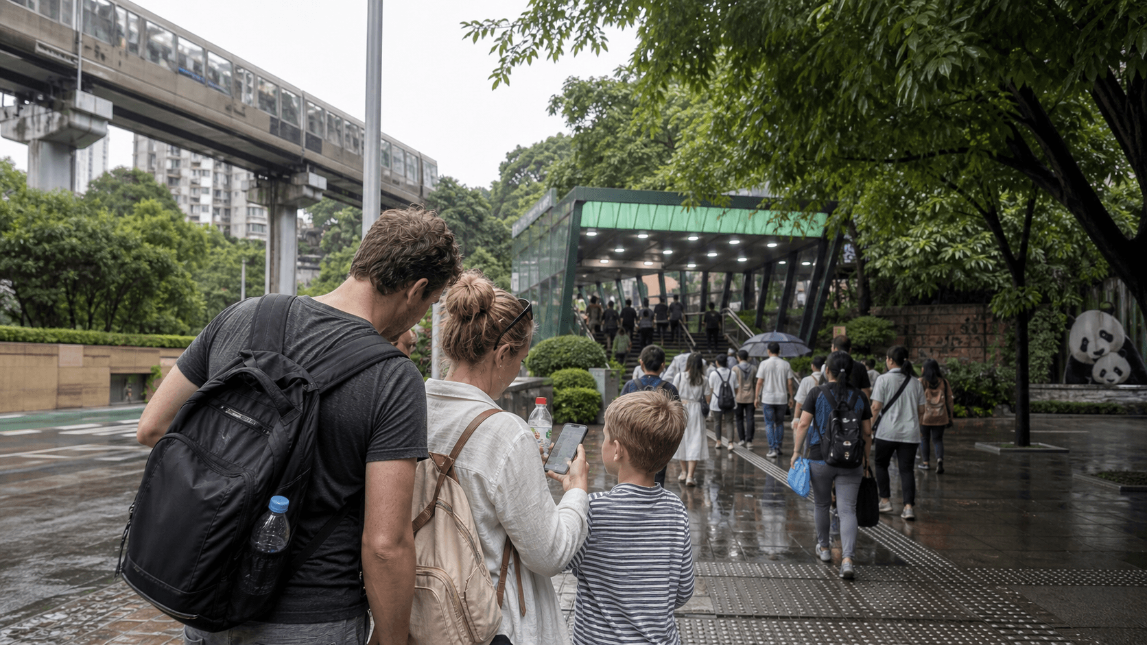 Gia đình khách nước ngoài đến gần Chongqing Zoo với đường metro trên cao sau mưa