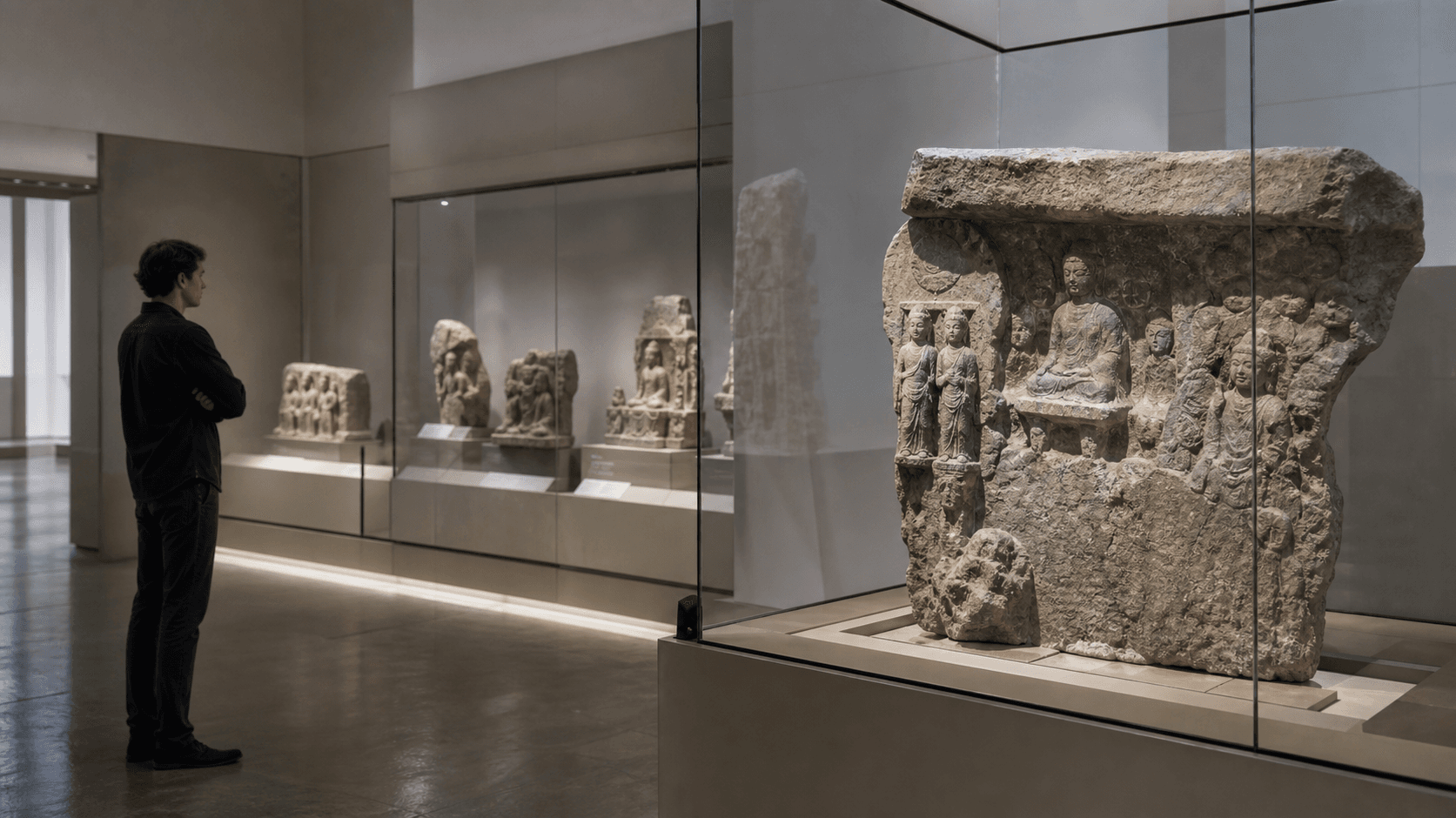 Visitor studying a large carved relief inside a quiet museum gallery