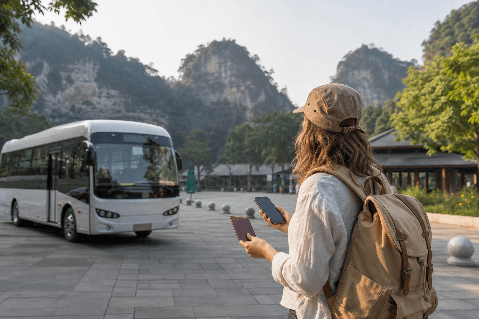 International visitor checking a passport and phone near a generic Dazu visitor-centre shuttle area
