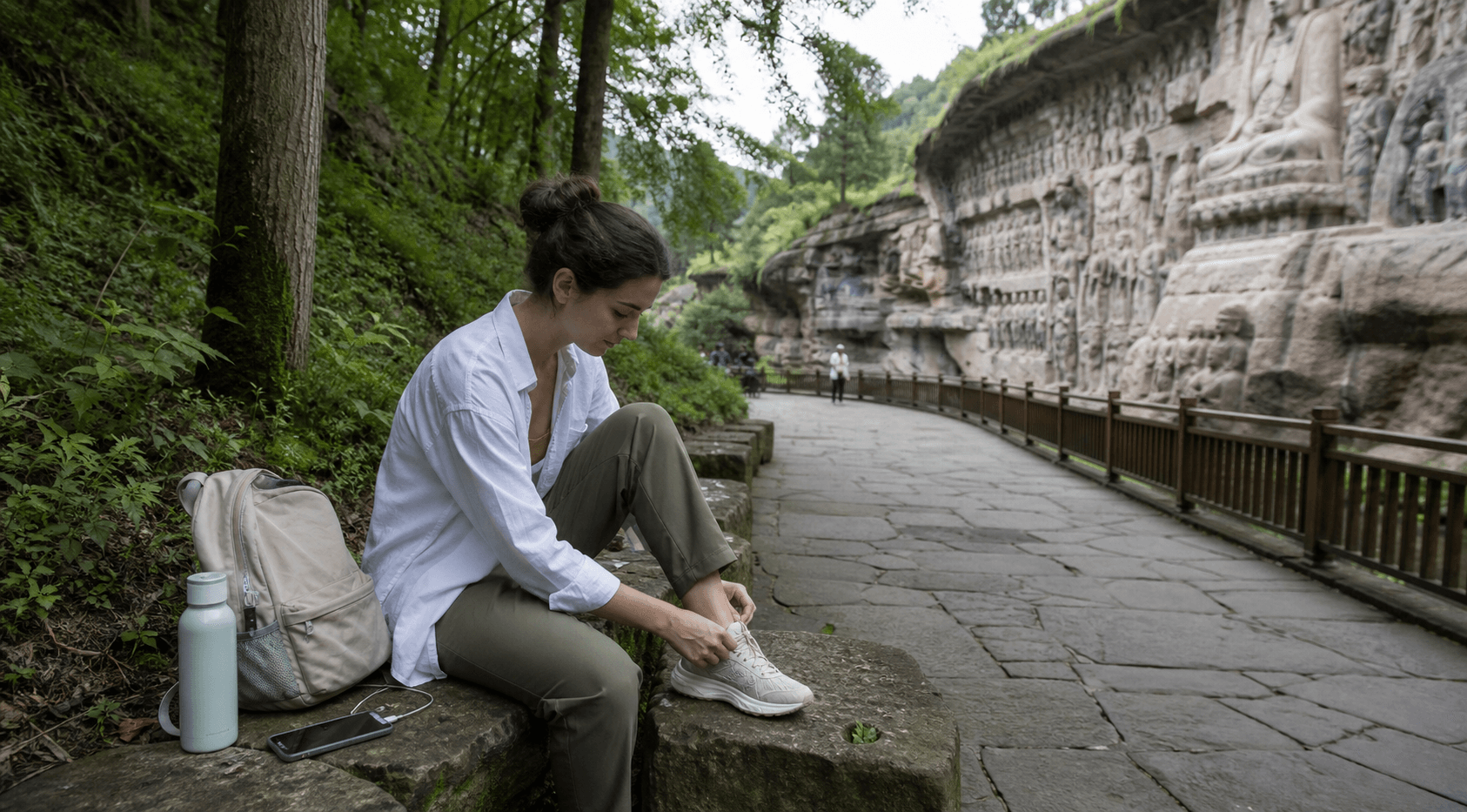 Visitor preparing walking shoes, water and a light layer beside a wooded heritage route