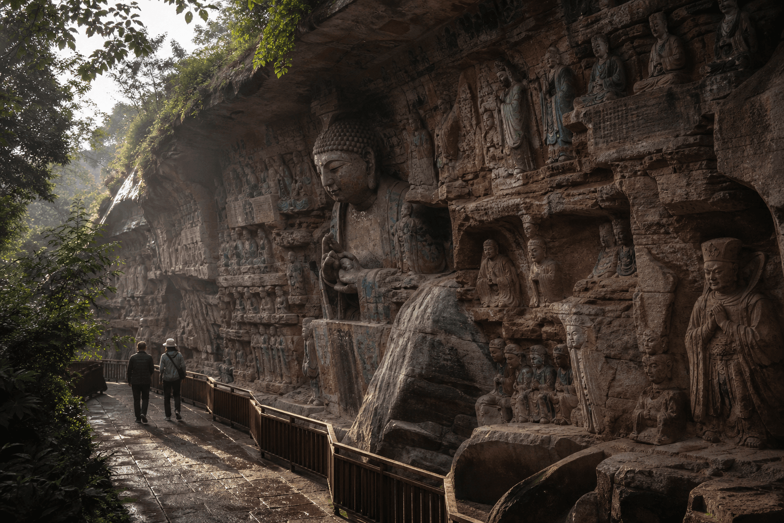 Wide view of a Baodingshan cliff-carving gallery with a visitor on the path