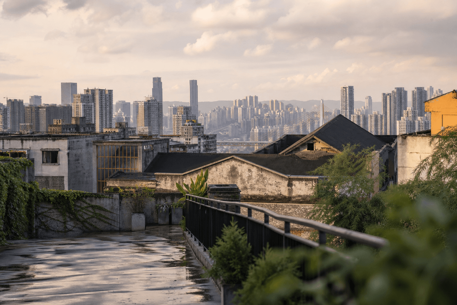 Layered factory roofs and a distant Yuzhong skyline seen from an upper terrace at TESTBED2