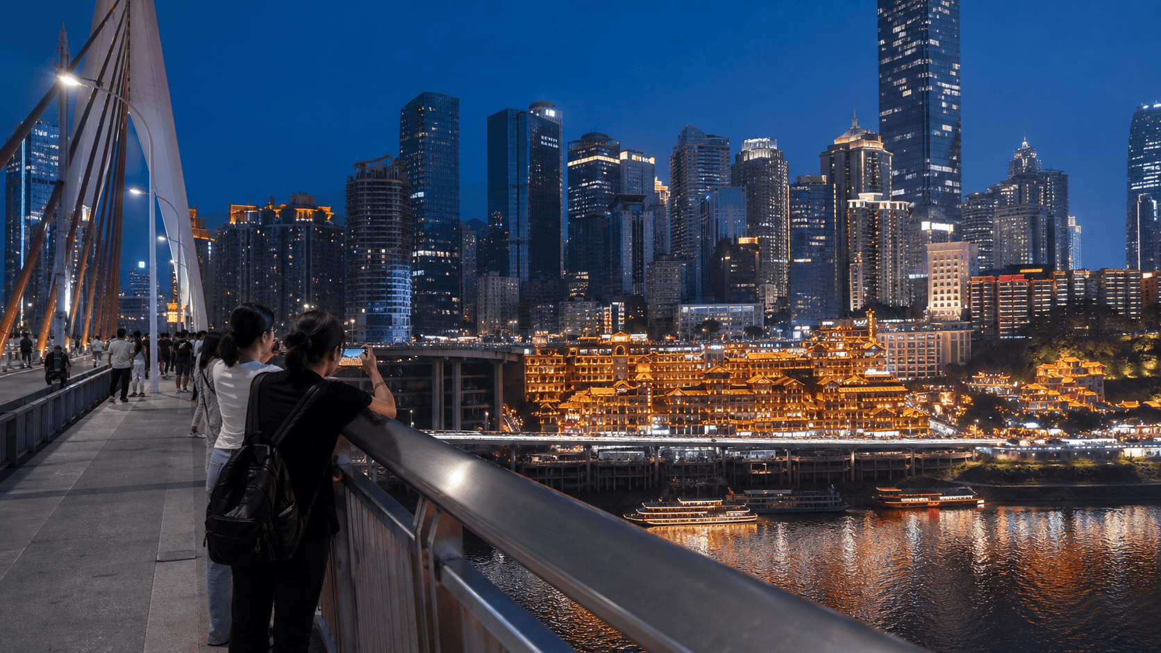 Qiansimen Bridge pedestrian overlook toward Hongya Cave and Yuzhong skyline