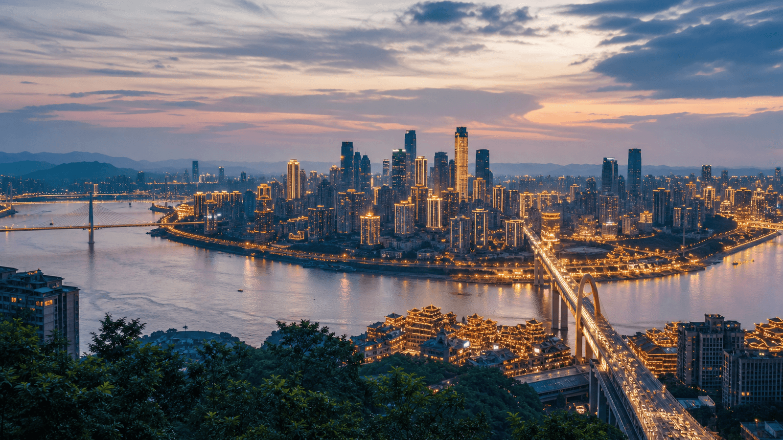 Pemandangan sungai dan jembatan Chongqing untuk konteks rute