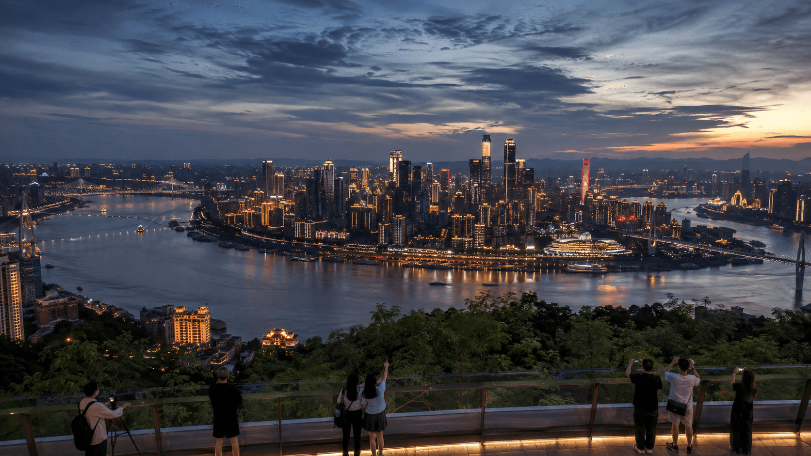 Blue-hour panorama of Chongqing from a safe terrace at Nanshan One Tree