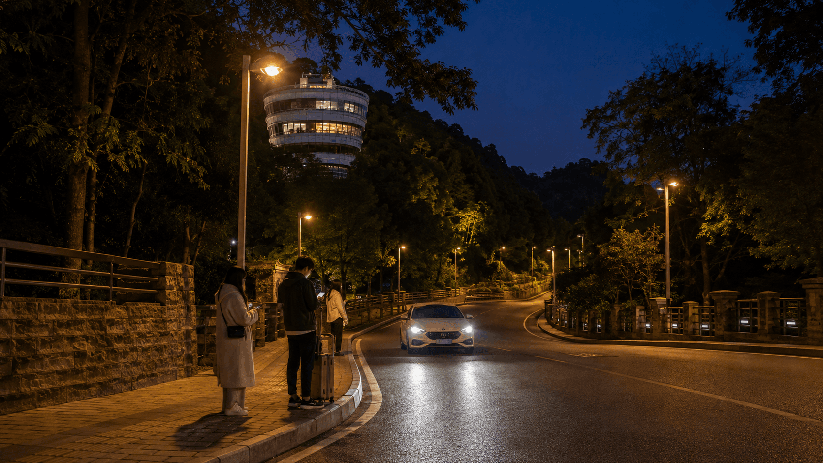 Travelers waiting at a safe mountain-road pickup point outside Nanshan One Tree