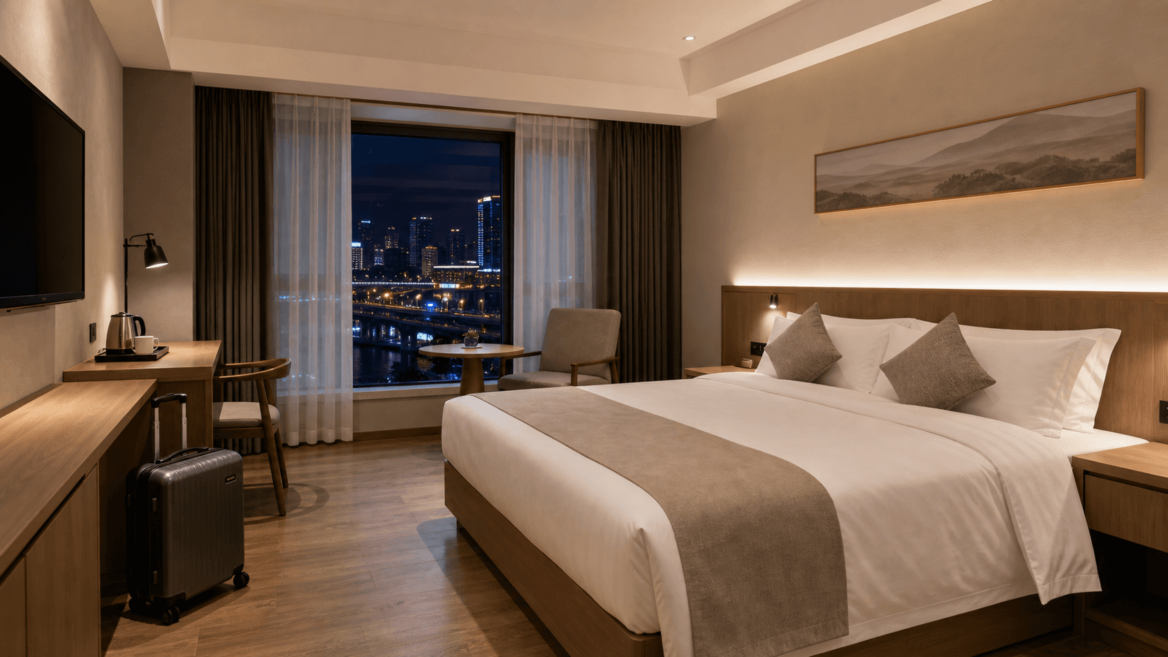 AI-recreated river-road local hotel room impression based on OTA reference