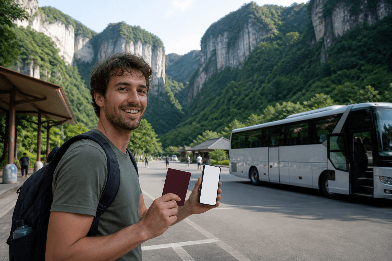 Foreign visitor holding a passport and phone near a generic Wulong scenic-area shuttle