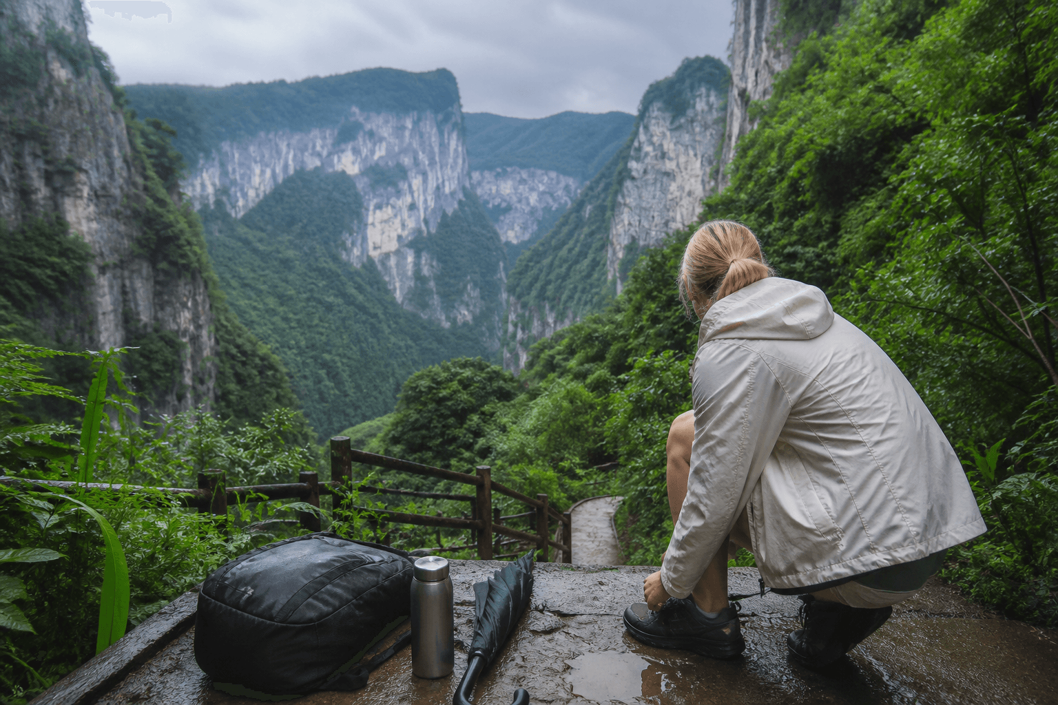 Visitor preparing waterproof shoes and a light rain layer beside a wet Wulong mountain route
