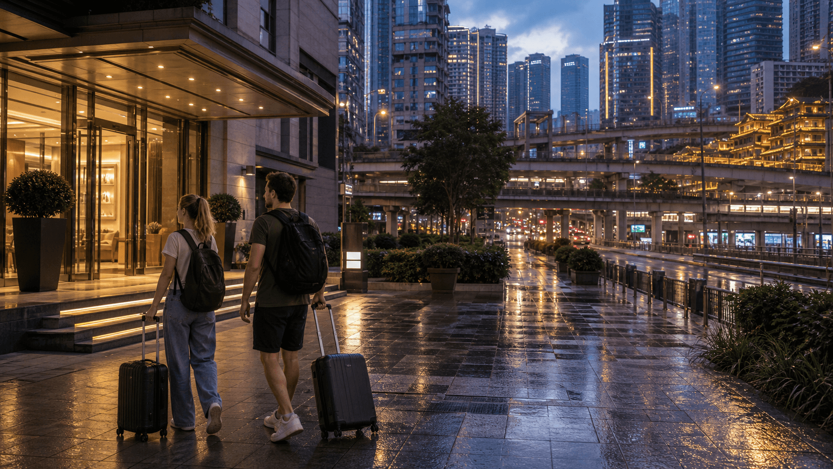 Central Yuzhong hotel district near layered Chongqing roads at evening