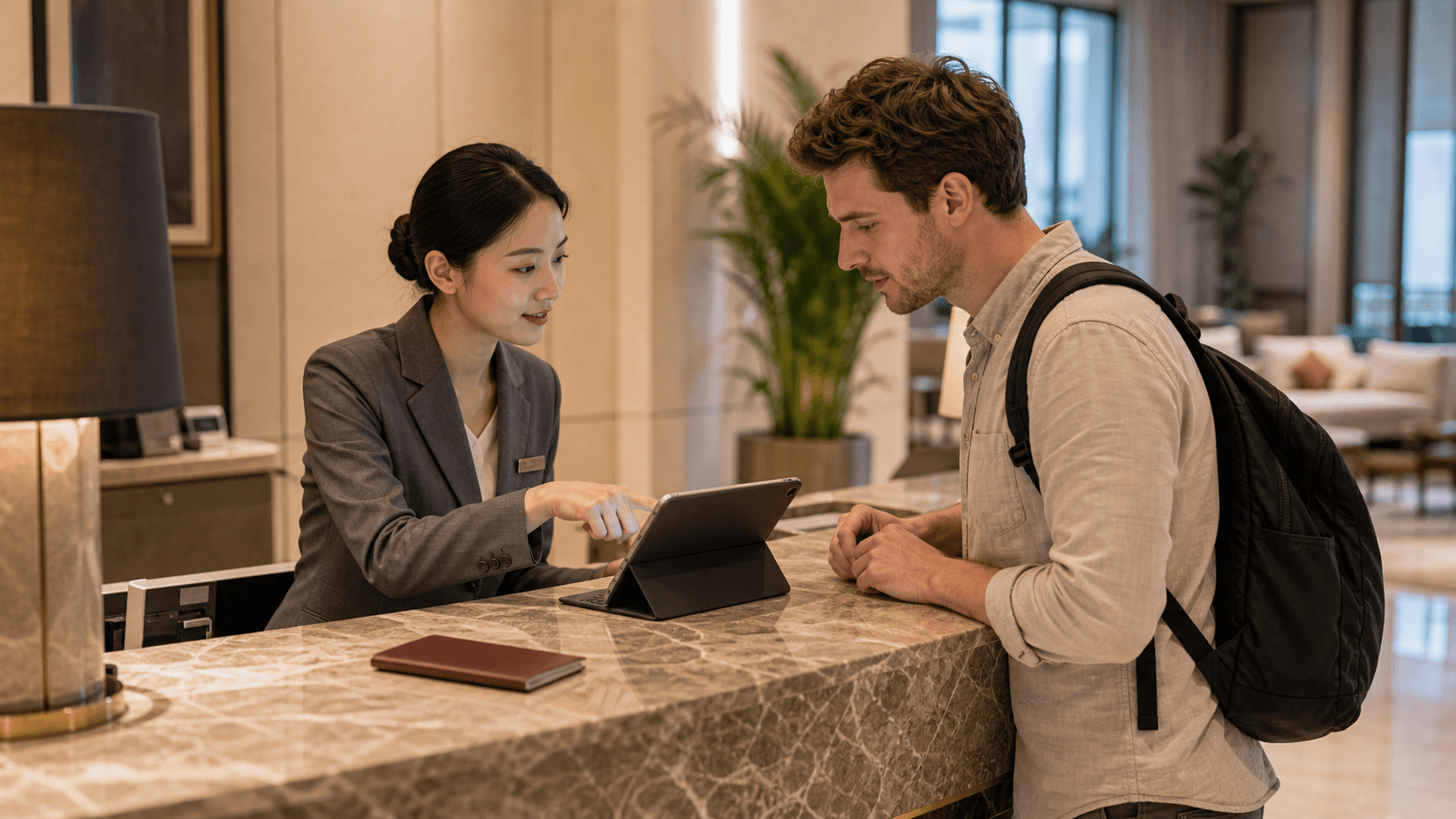 Hotel front desk using translation support during foreign passport check-in