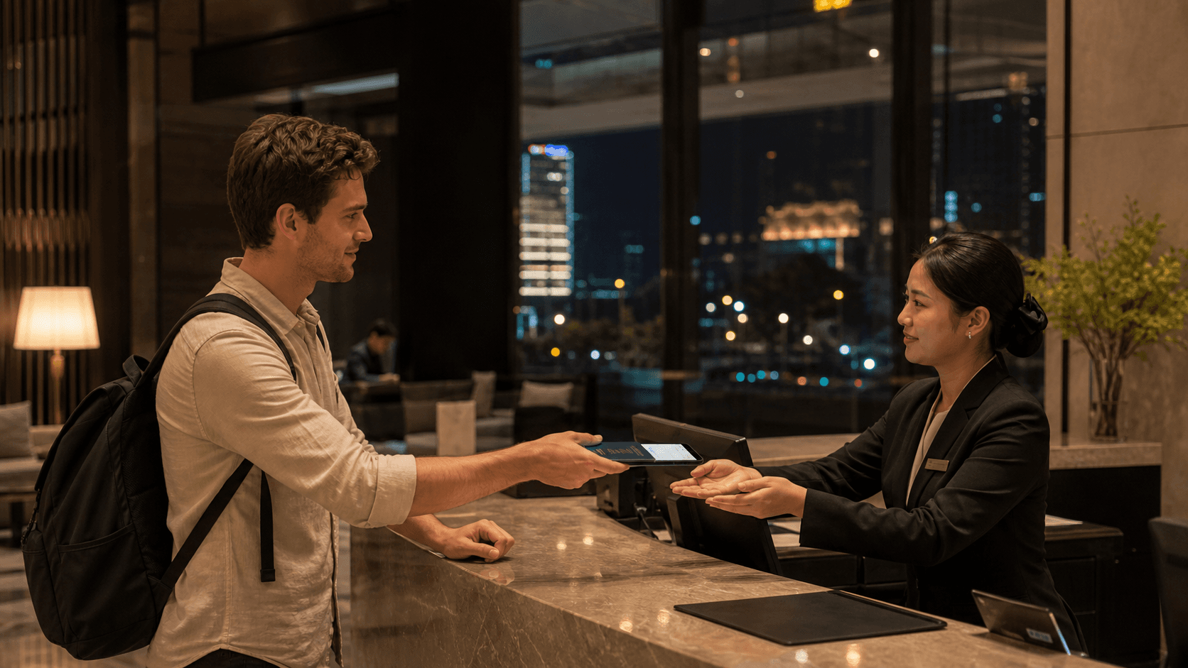 Foreign visitor handing a passport at a Chongqing hotel front desk
