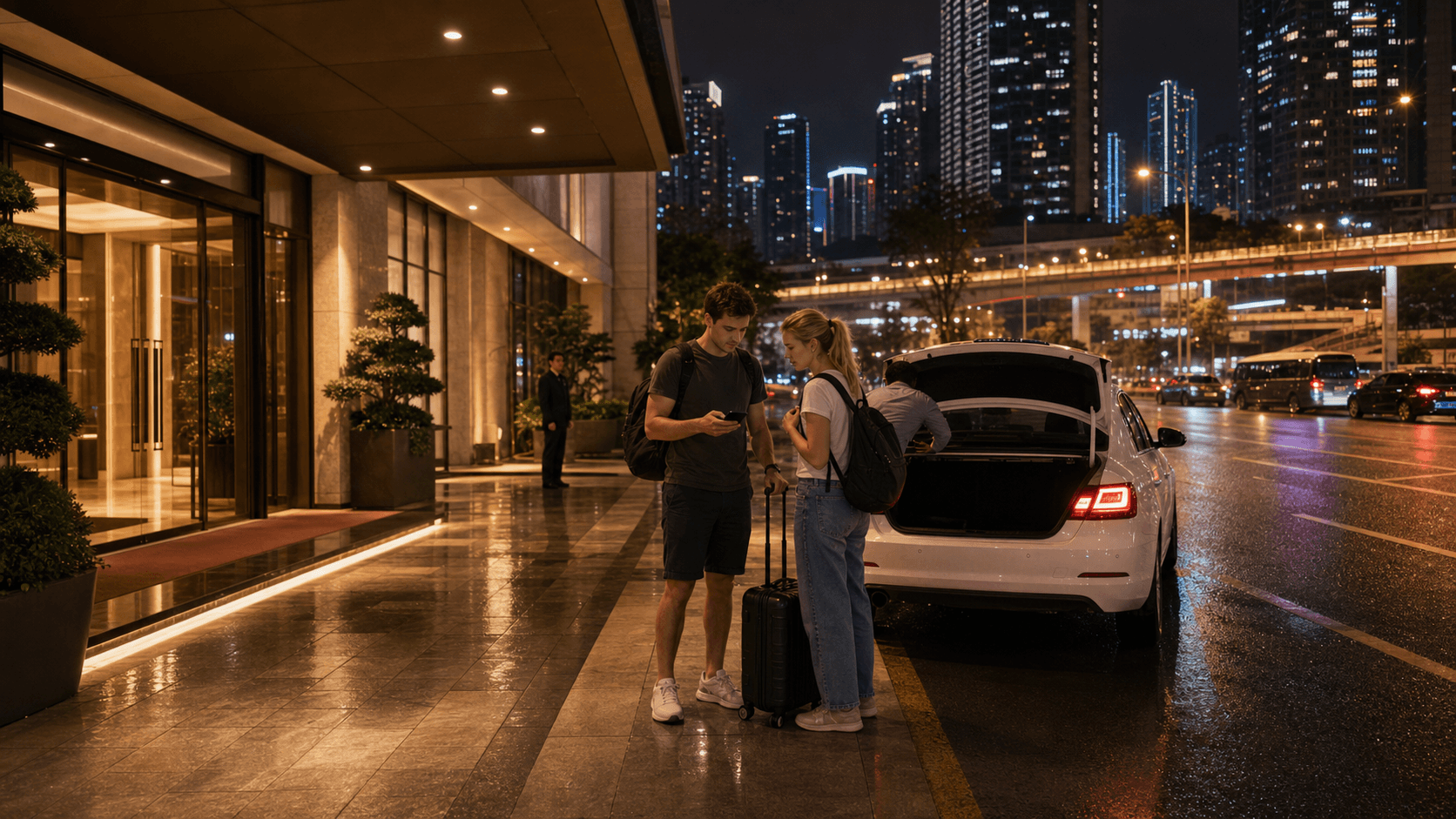 Foreign travelers arriving by car at a Chongqing hotel entrance at night
