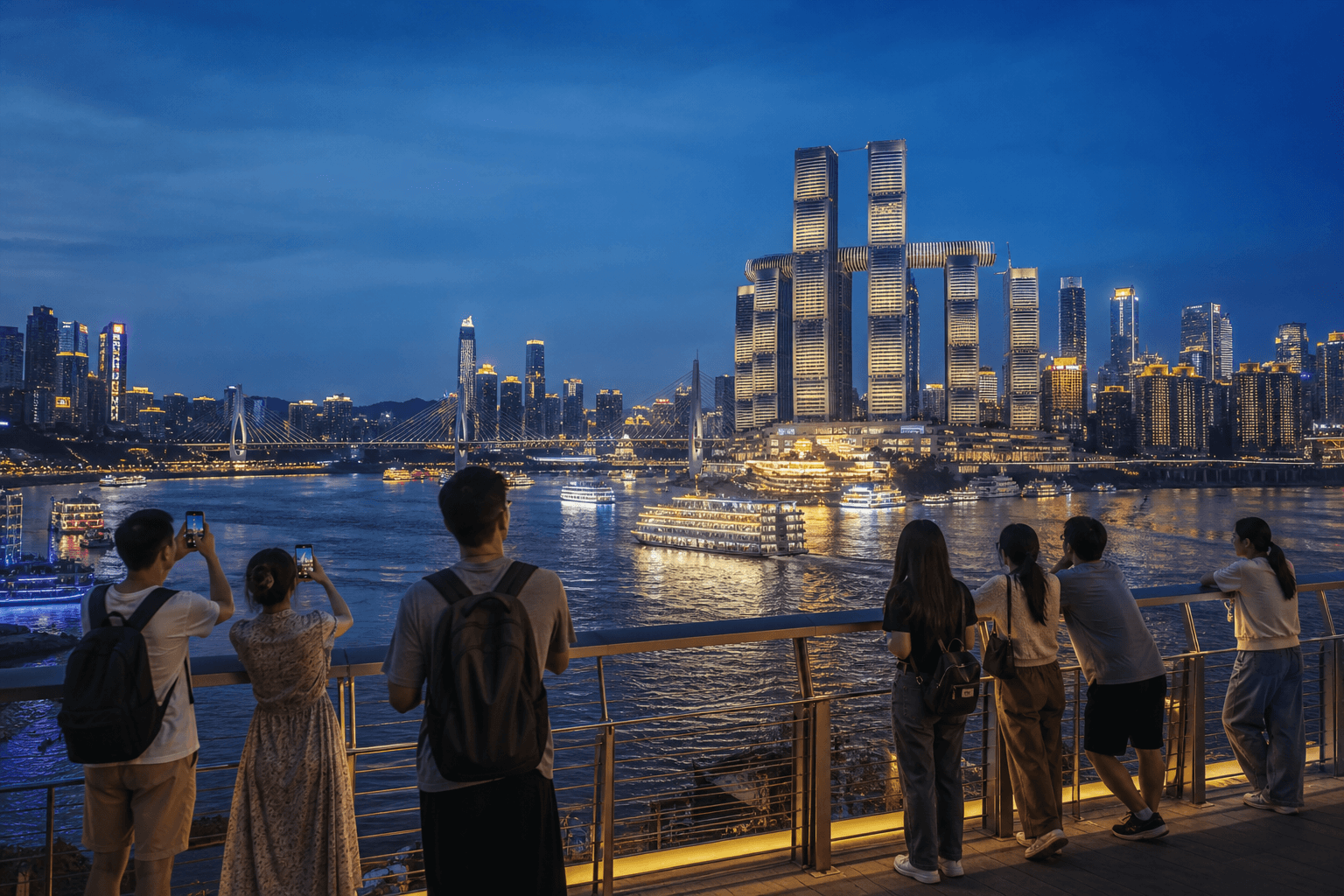 Chaotianmen river confluence and Raffles City skyline from a public viewing deck