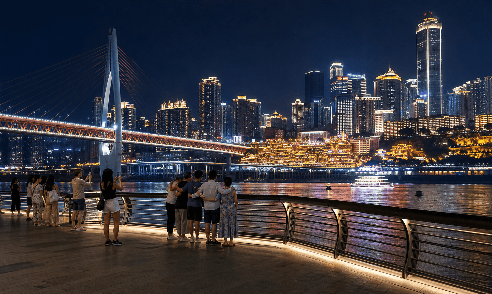 Grand Theatre riverbank safe-distance viewpoint across the Jialing River
