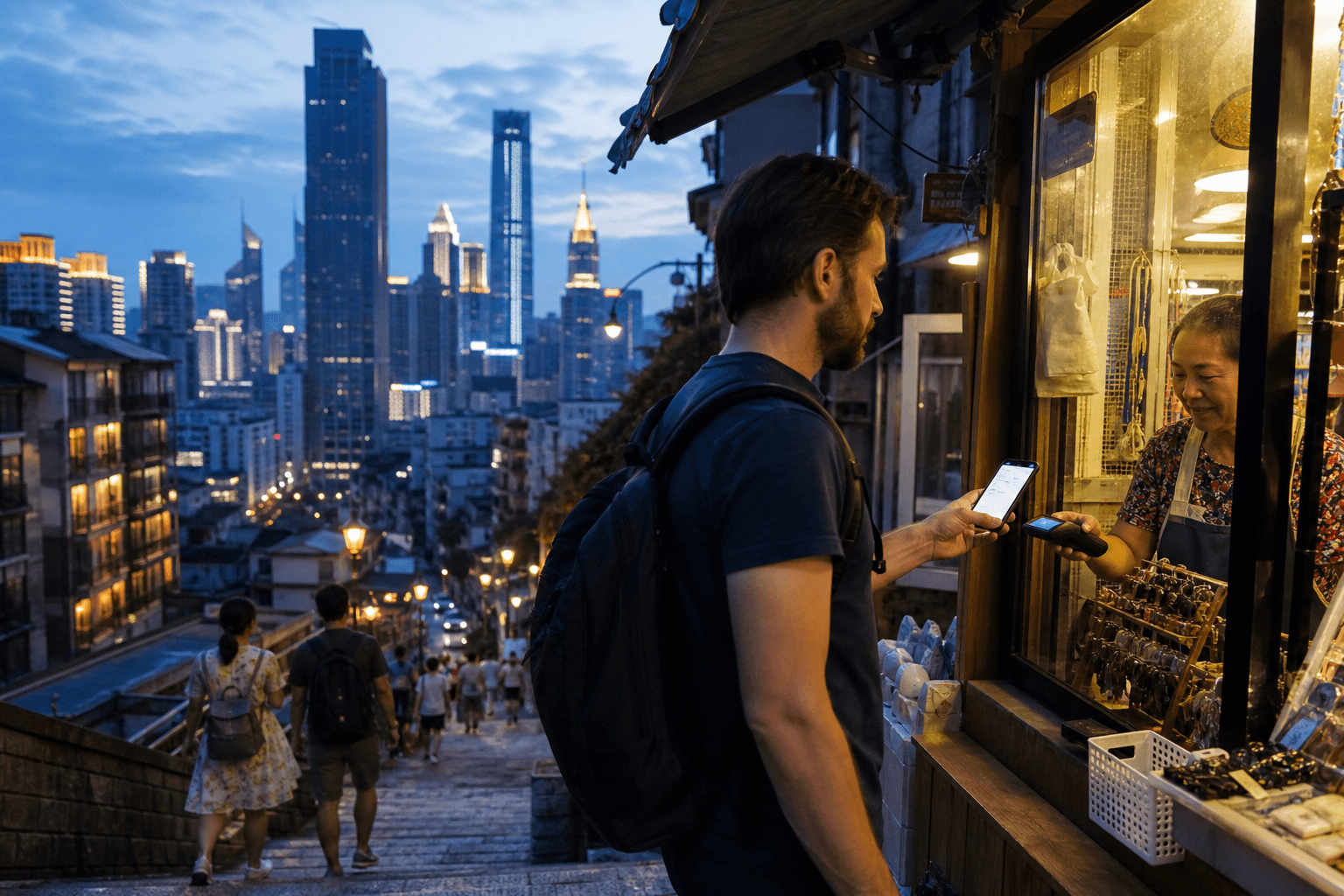 Foreign visitor using mobile payment near Jiefangbei at night