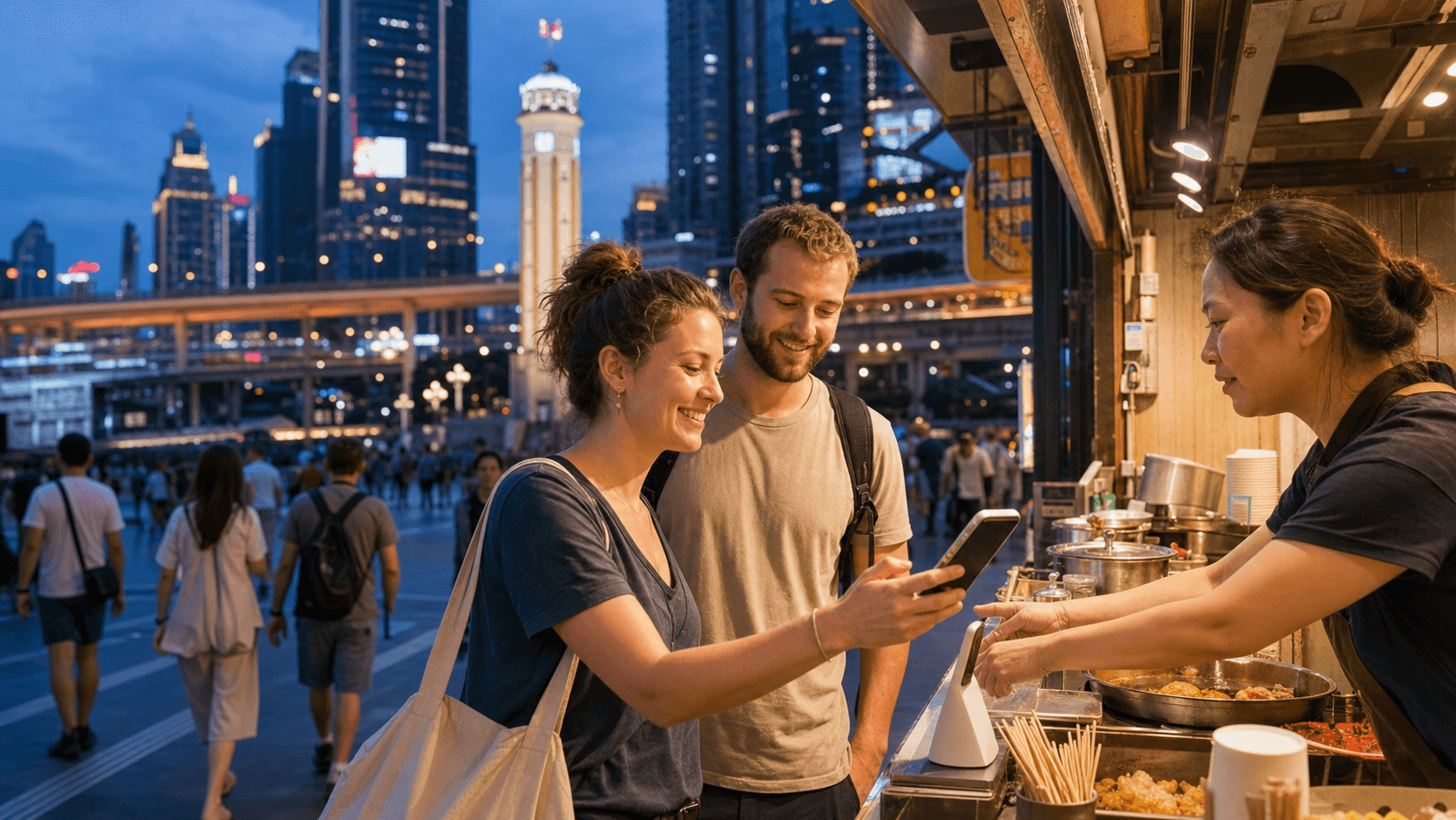 Foreign visitor using mobile payment near Jiefangbei at night