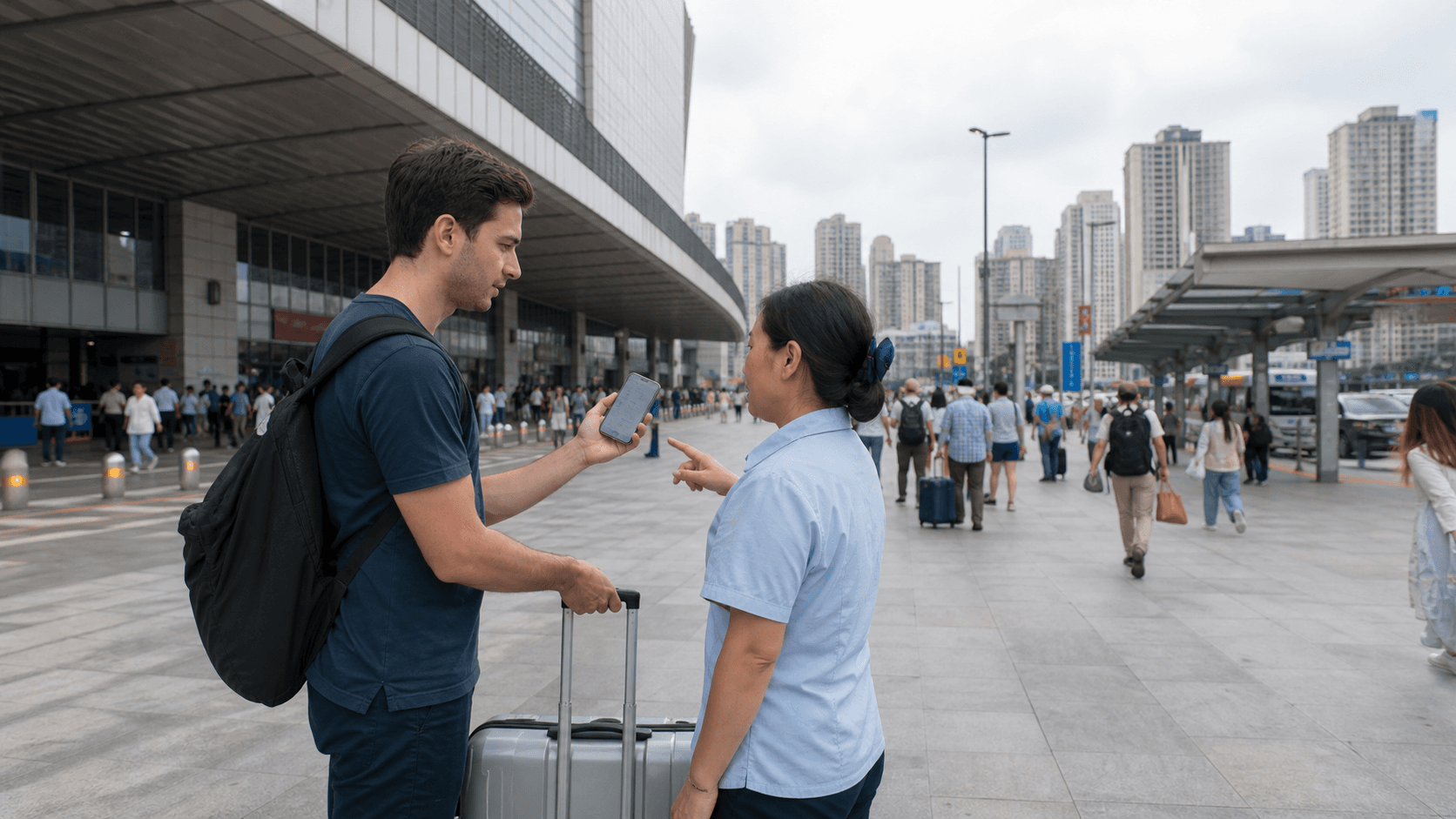 นักท่องเที่ยวโชว์ชื่อสถานีภาษาจีนที่บันทึกไว้หน้าสถานีรถไฟกลางเมืองฉงชิ่ง