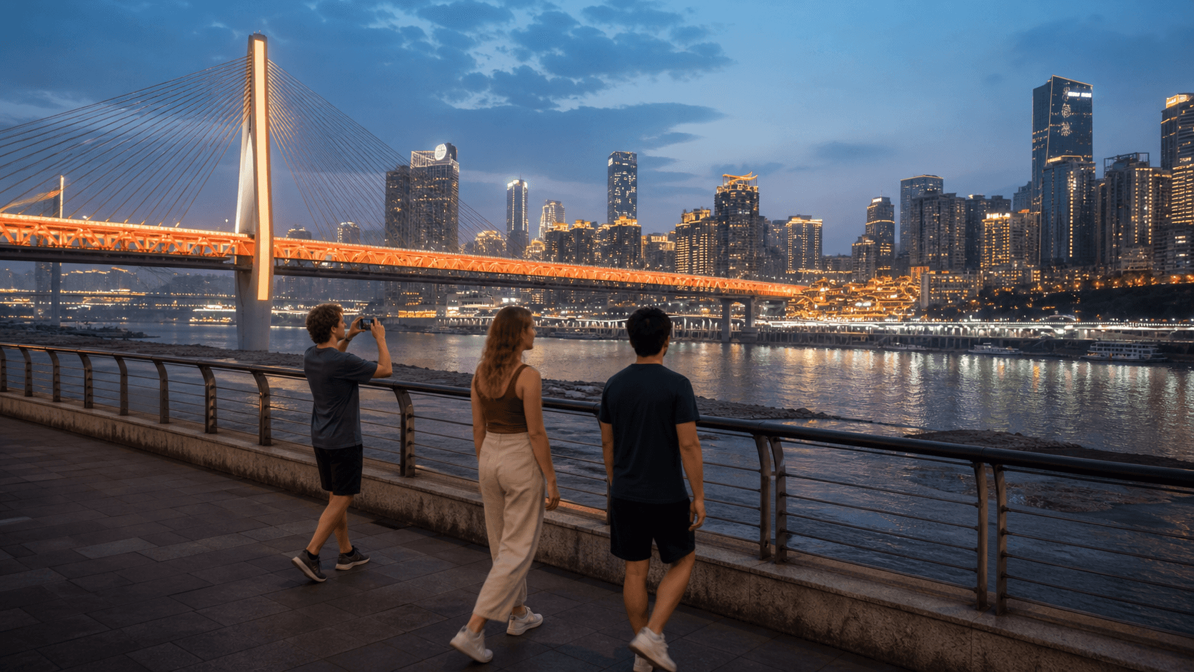 Du khách đi bộ an toàn trên bờ sông Chongqing lúc blue hour sau khung giờ nóng nhất