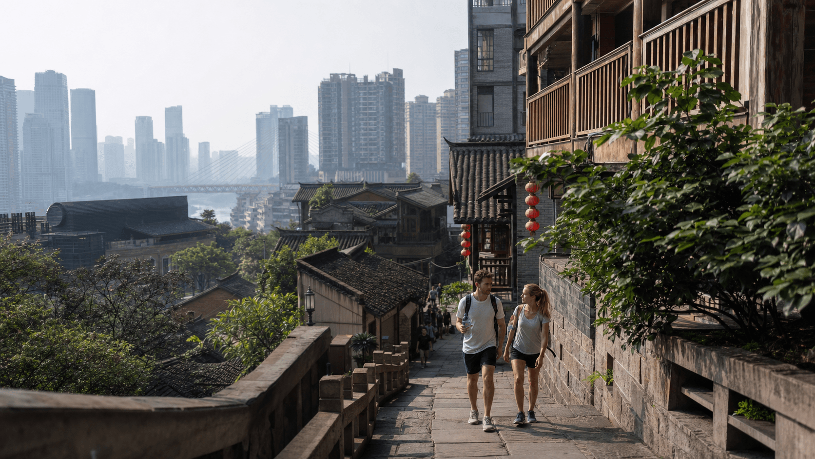 Du khách nước ngoài đi trên bậc thang thành phố núi Chongqing trong bóng râm buổi sáng mùa hè