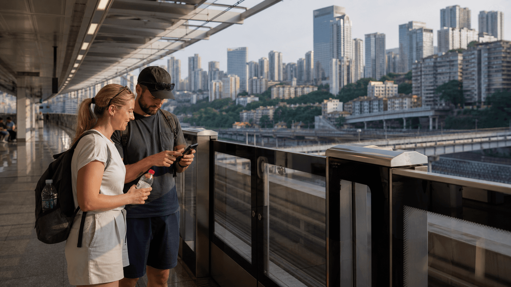 Du khách nước ngoài nghỉ mát tại ga đường sắt Chongqing với thành phố nhiều tầng phía sau