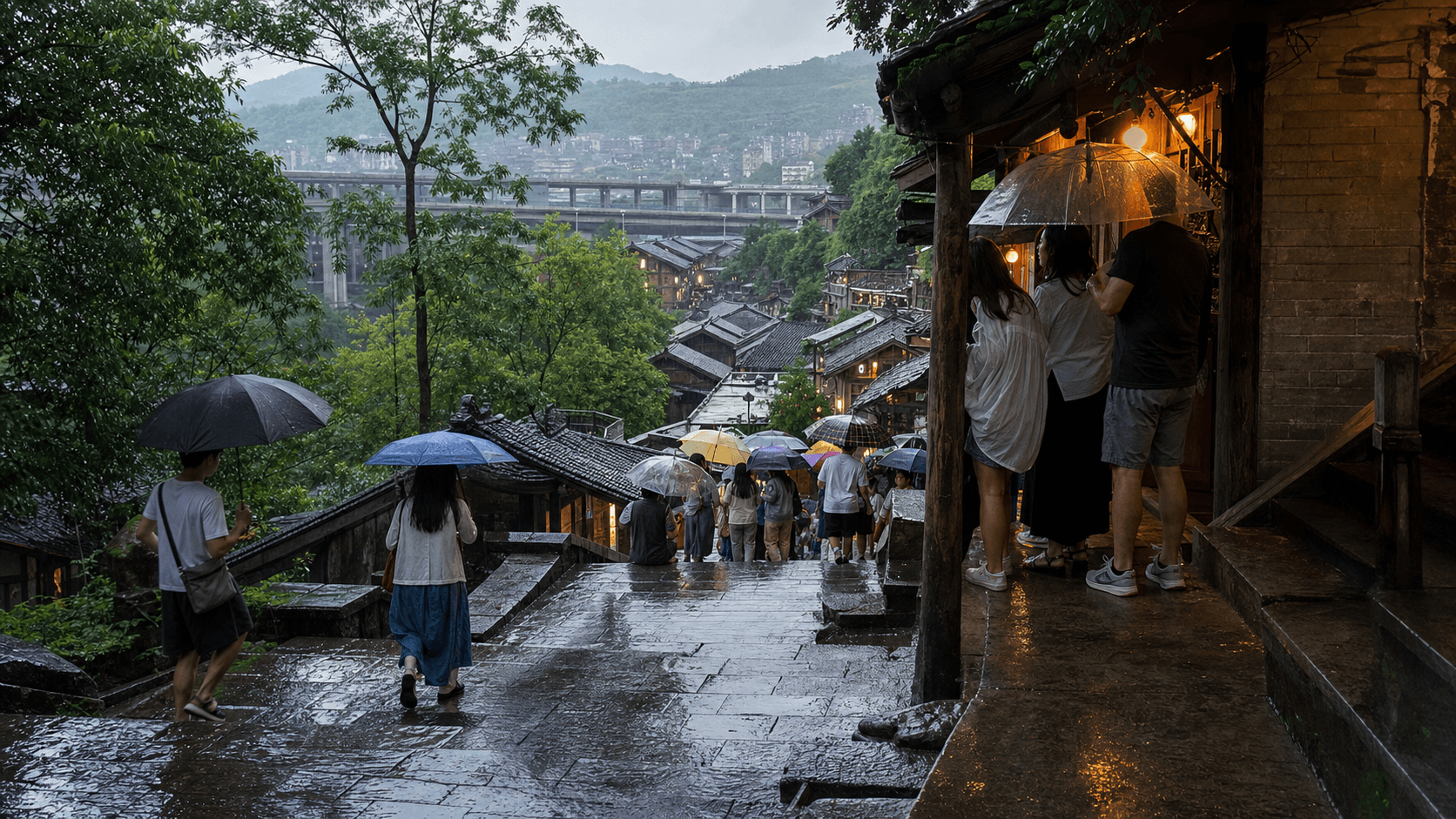 Du khách cầm ô đi trên bậc thang phố cổ Chongqing ướt sau mưa mùa hè