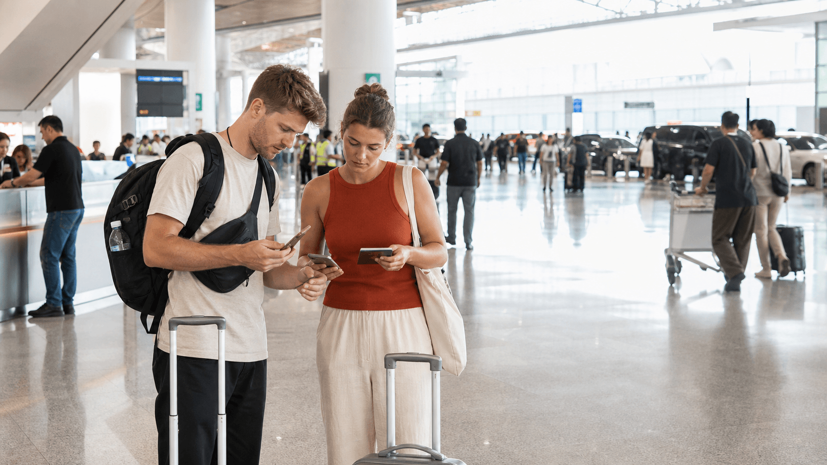 Foreign visitors checking phone, passport and card at Chongqing airport before choosing taxi or ride-hailing