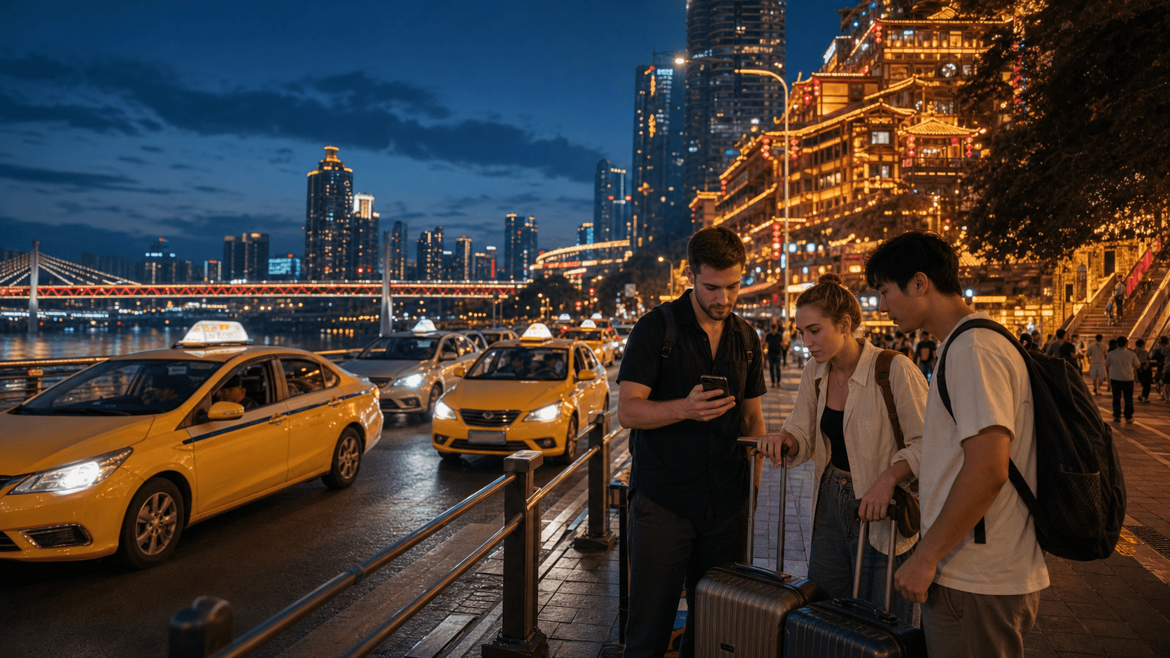 Foreign visitors checking a phone beside yellow taxis near Hongya Cave and Jiefangbei at blue hour