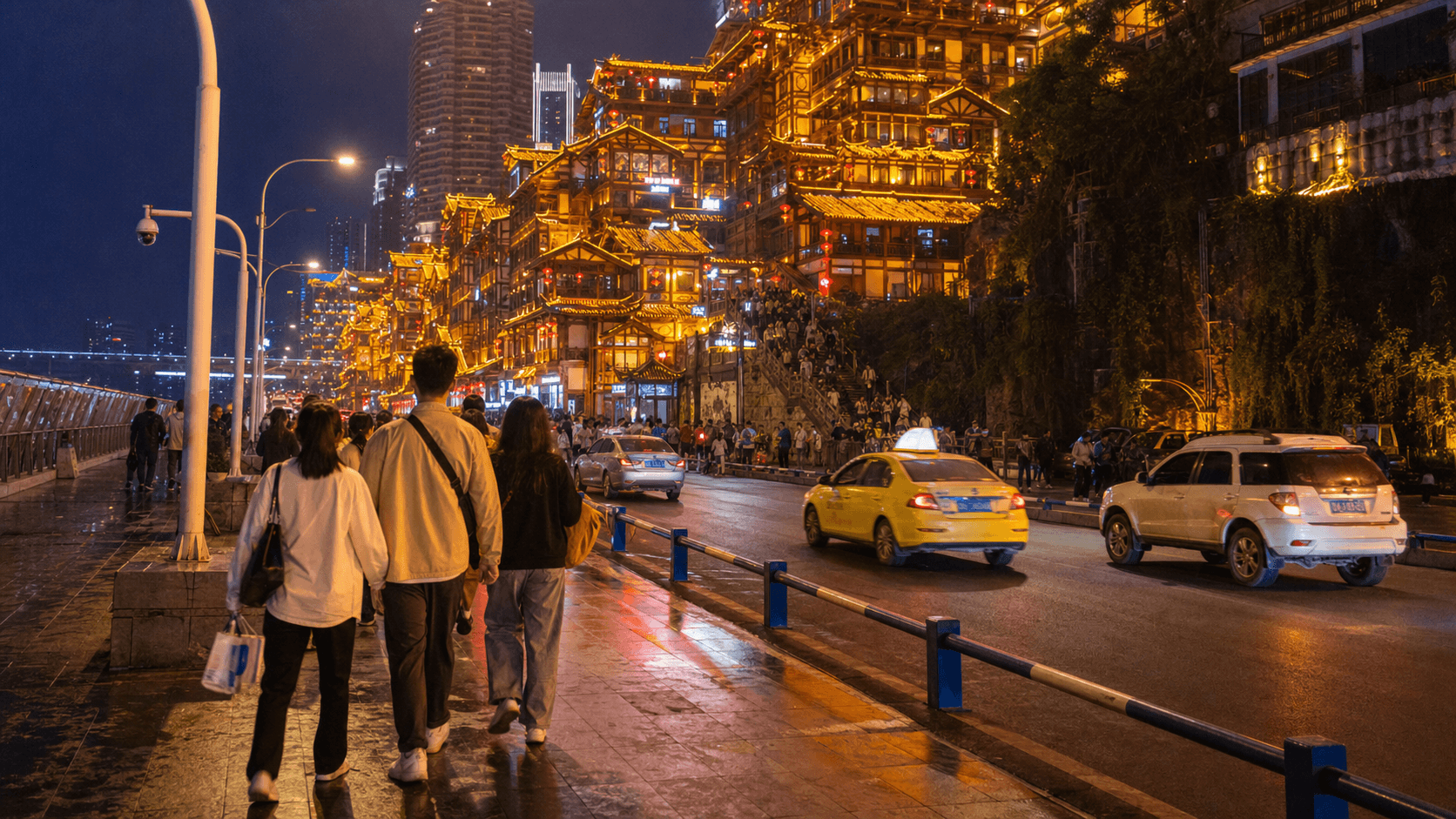 Travelers walking from a crowded Hongya Cave road level toward a clearer taxi pickup area