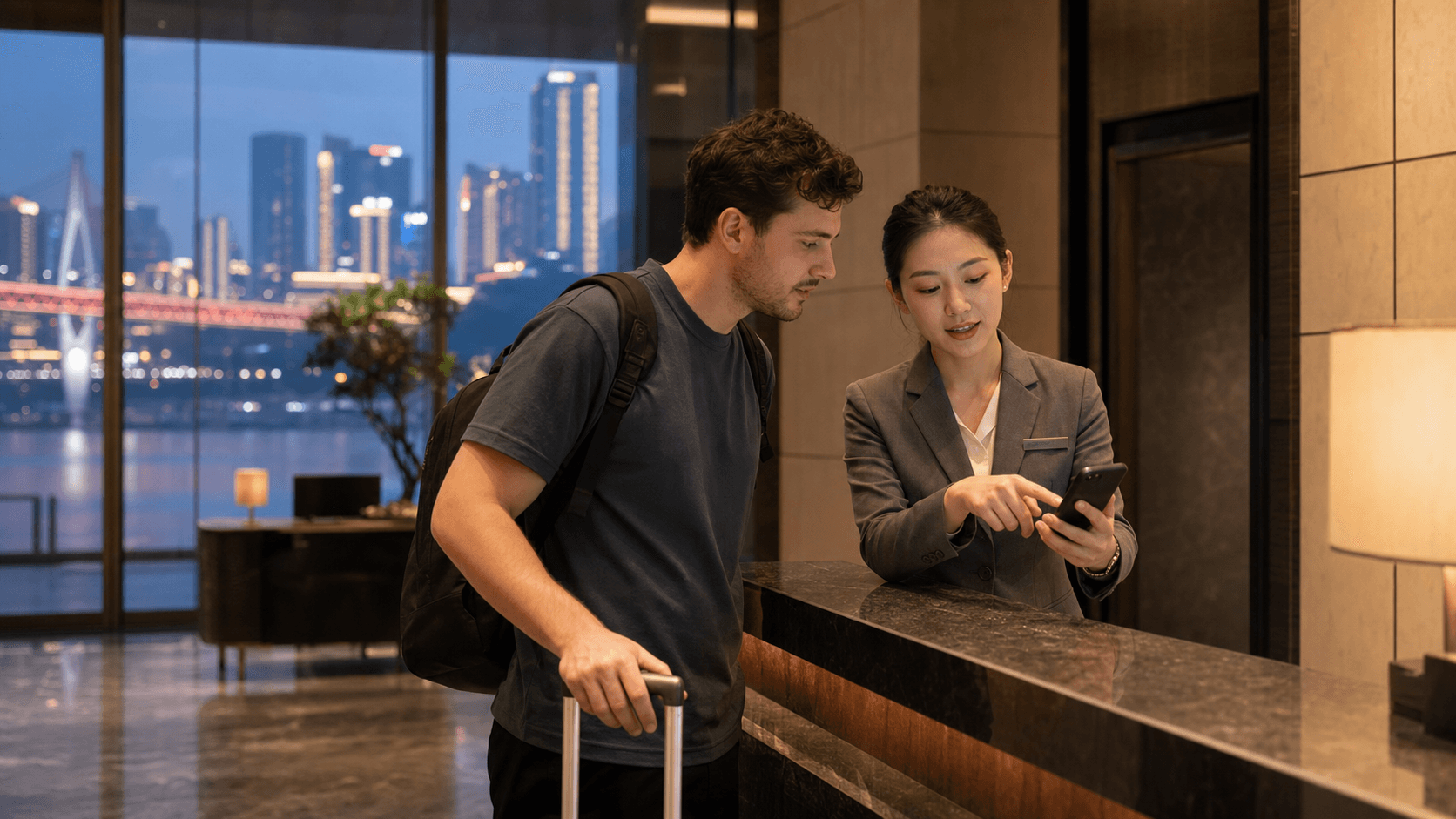 Hotel front desk helping a foreign traveler save a Chinese address for a Chongqing taxi ride